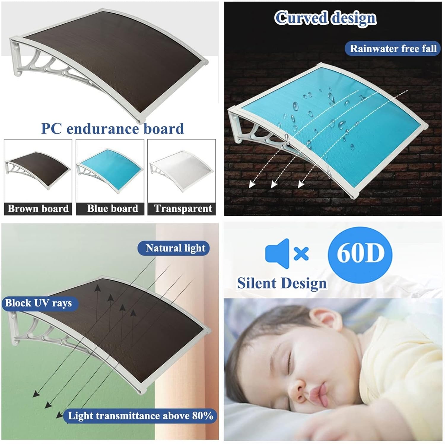 Porch Window Awning Outdoor Garden Door Canopy, Silent Polycarbonate Board Impact Resistant Cover for UV Rain Snow Protection, Easy to Assemble for Garage Balcony (Color : I, Size