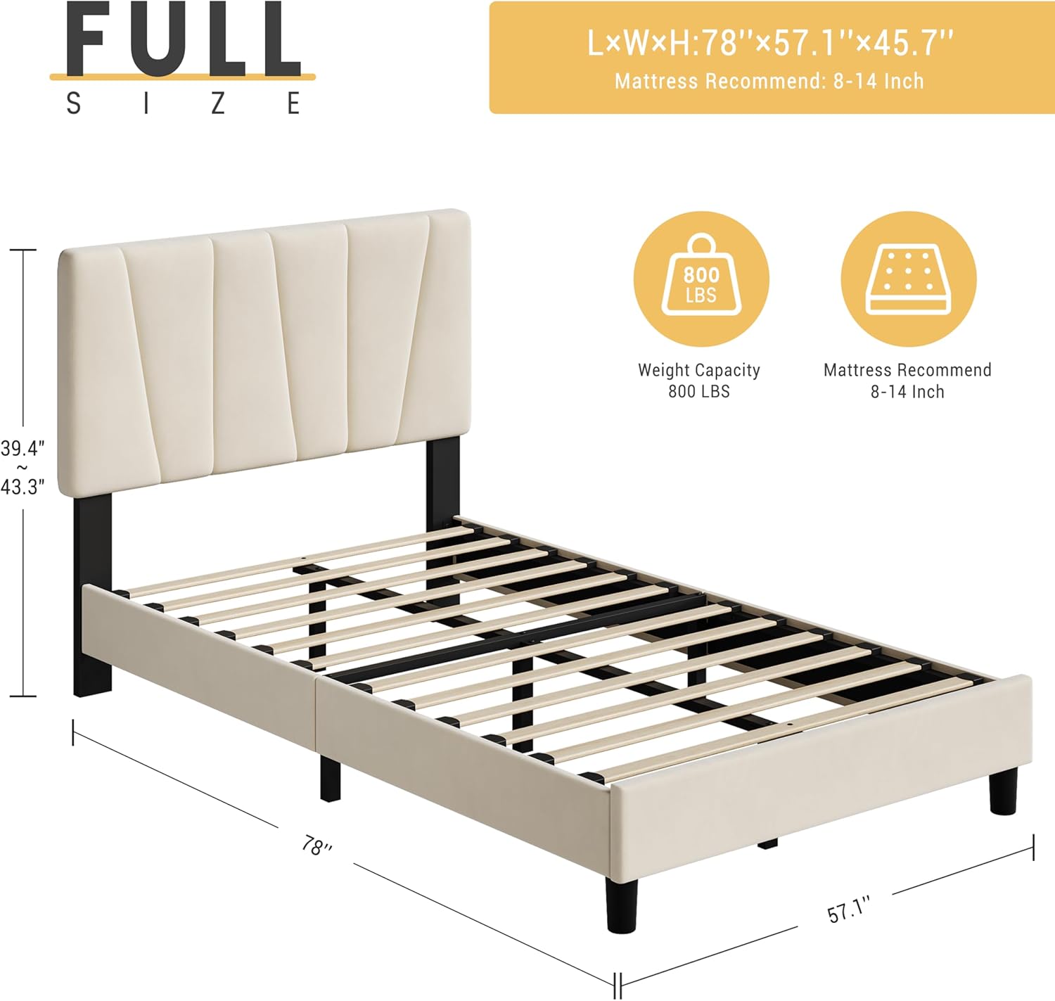 GarveeHome Bed Frame with Headboard Adjustable, Velvet Upholstered Tufted Platform Bedframe No Box Spring Needed (Beige(Velvety Matte Finish), Full)