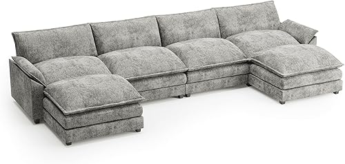 Miniatura 7 de Shahoo Sofá modular modular en forma de U de tela de felpilla con esponjas suaves y de alto apoyo y otomana extraíble, cómodo mueble tapizado para