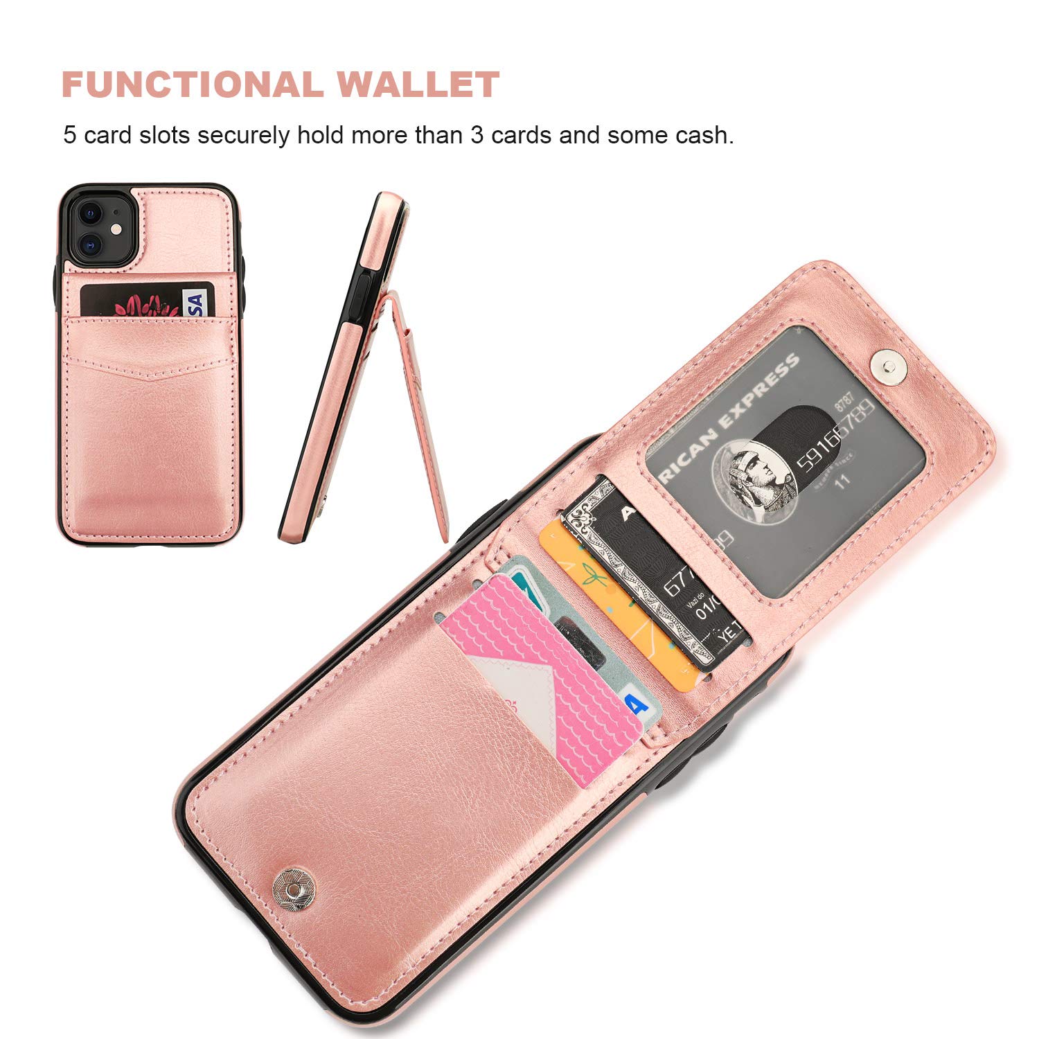 Custodia A Portafoglio Con Cerniera Magnetica Per IPhone 11, In Similpelle, Con 5 Slot Per Carte E Cavalletto, Colore Oro - 4