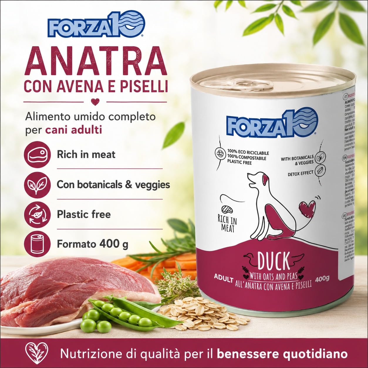 Anatra,Avena e Piselli – Forza10 Cibo Umido per Cani Adulti di tutte le Taglie e Razze, Monoproteico, 12 Lattine x 400g, Alimento Completo Ricco in Carne.