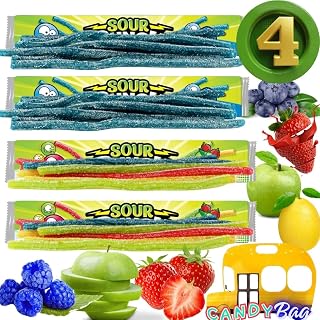 (PACK OF 4) Sour Straws Lovers - 4 Extra Large Unique Trays of 4 Flavors Variety Candy - Blue Raspberry, Strawberry, Green Apple, Lemon - Comes With One Bus Resealable ZipBag (BlueRaspberry+Rainbow)