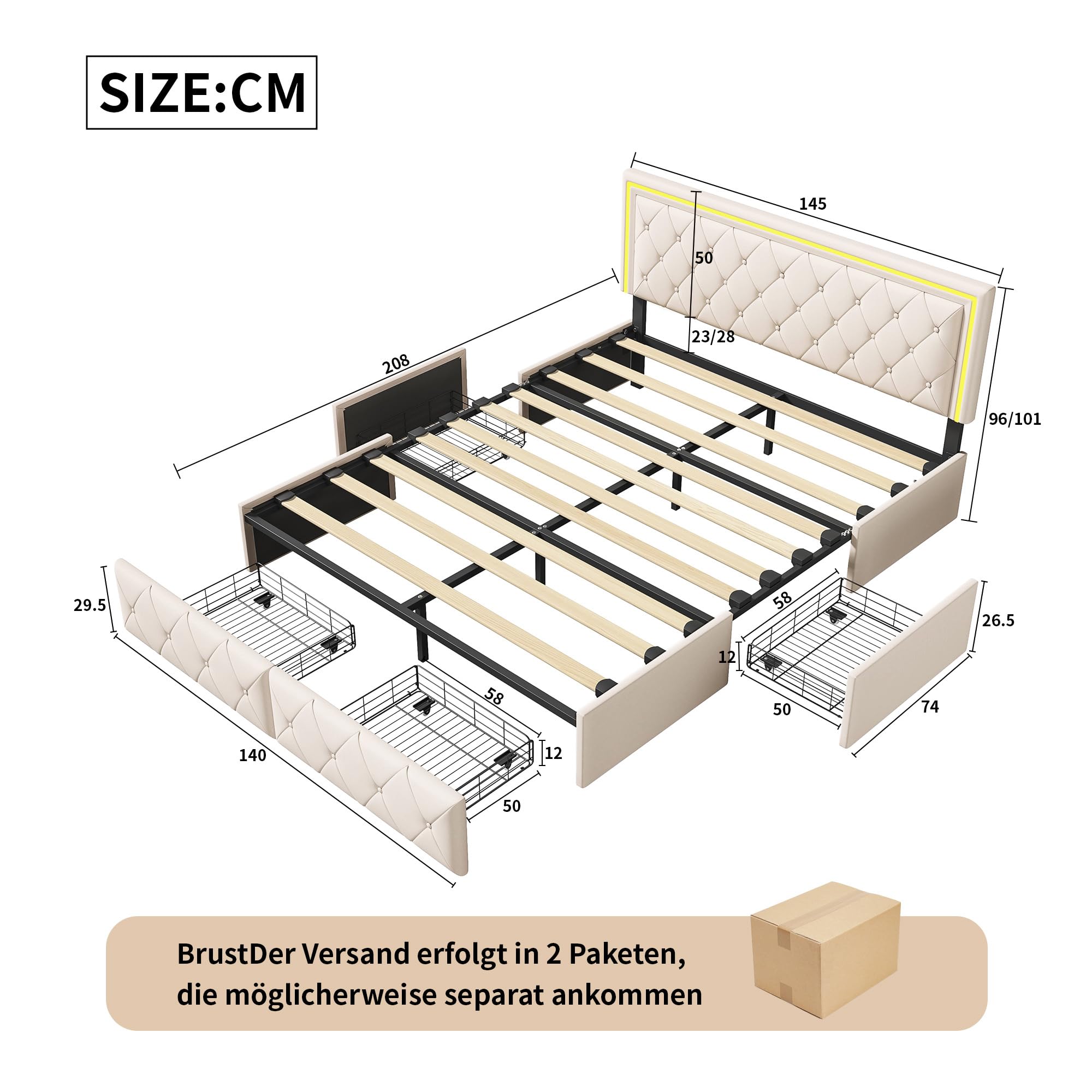 Cama Acolchada de Matrimonio con 4 cajones y LED, Estructura de Cama de Matrimonio, Plataforma de Poliuretano con somier de láminas de Madera, sin colchón (Beige, 140x200cm)