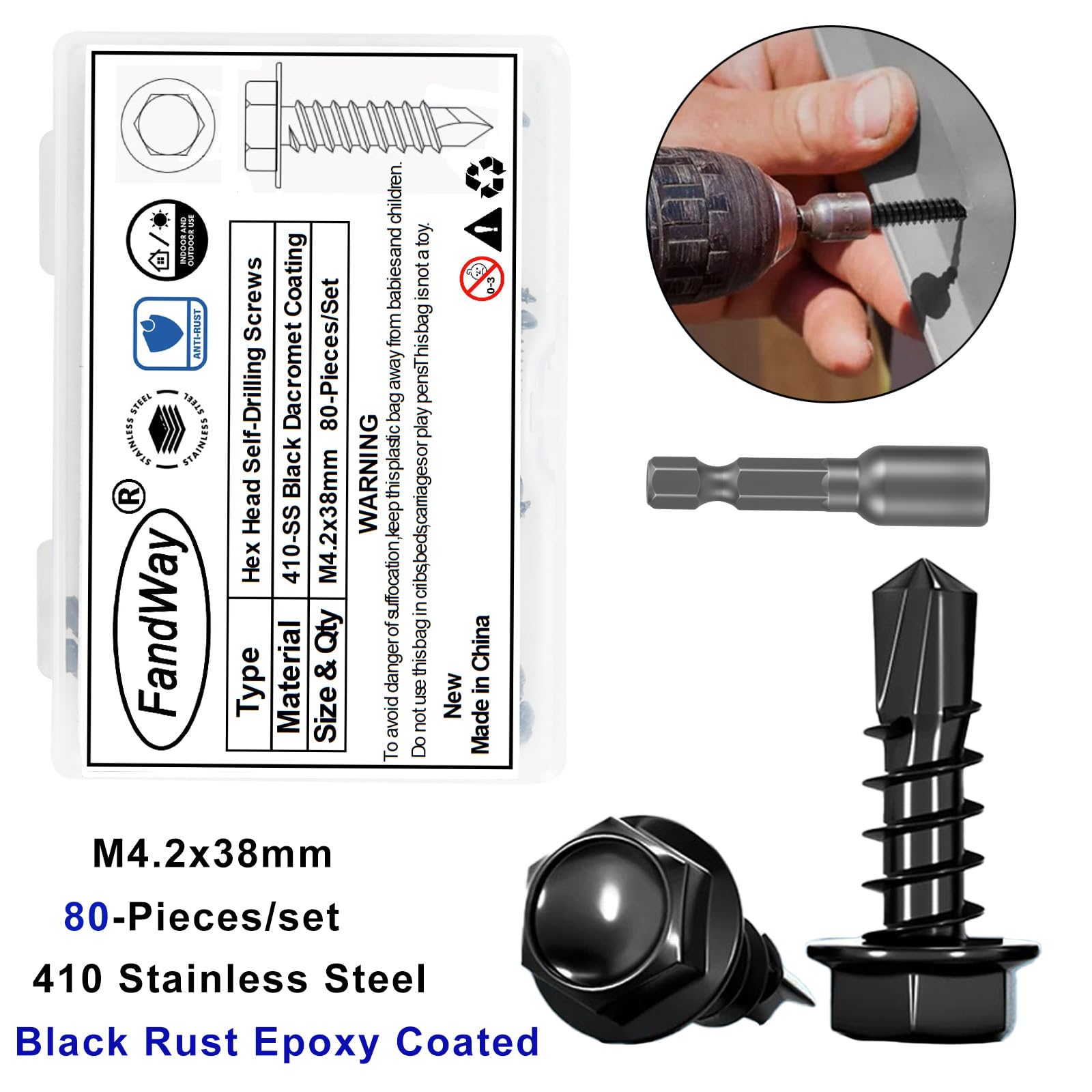 FandWay 80 Pcs Hex Head Self Drilling Screws for Metal,M4.2x38mm Self Tapping Sheet Metal Tek Screws,410 Stainless Steel Black Coating Hex Drive With 1 Bits for Steel/Wood/Plastic - Image 2