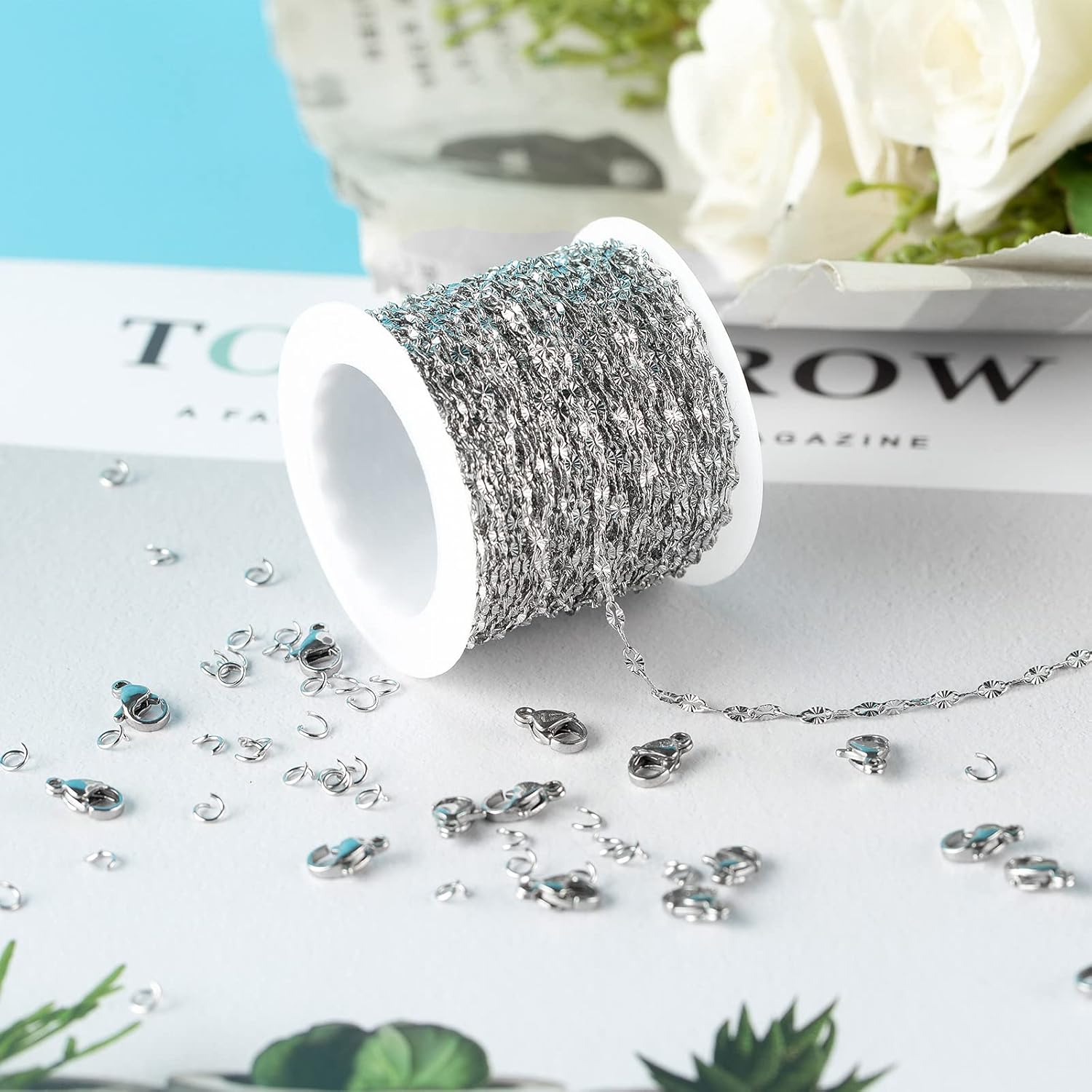 UMAOKANG 32.8 Feet Silver Jewelry Chain Link Stainless Steel Chain Roll Spool Necklace Chain Bulk with Lobster Clasp and Jump Rings for Jewelry Making DIY Bracelet Anklet - Image 6