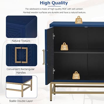 Accent Sideboard Cabinet 59.8-Inch Retro Credenza Console Storage Cabinet Dining Buffet Table with 4 Doors & Adjustable Shelves for Living Room Entrance, Navy