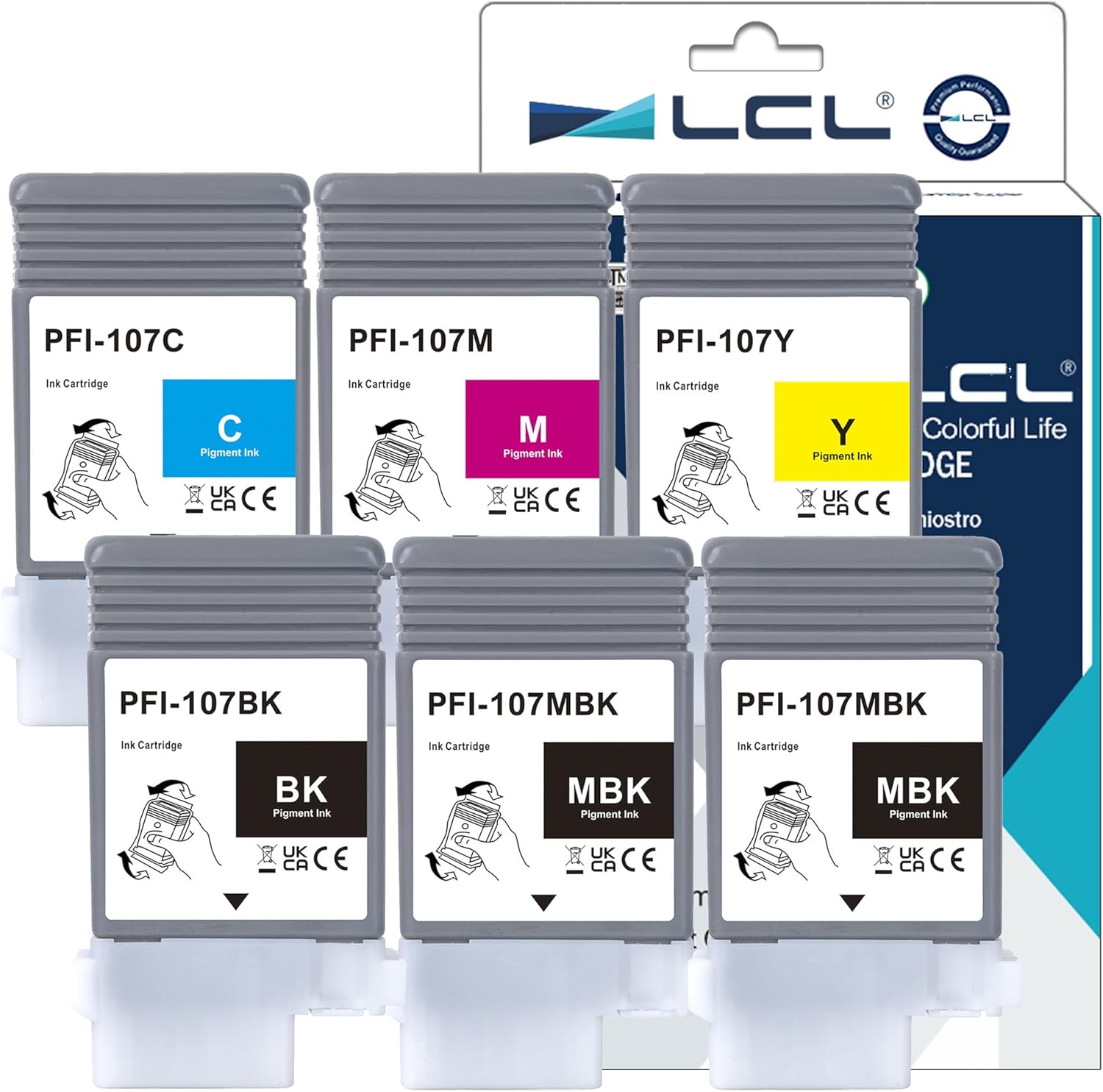 PFI-107 PFI107 Ink Cartridge Replacement for Canon PFI-107MBK PFI-107BK PFI-107C PFI-107M PFI-107Y for Canon ImagePROGRAF iPF670 iPF680 iPF685 iPF770 iPF780 iPF785 Printers (6-Pack, 130ml)