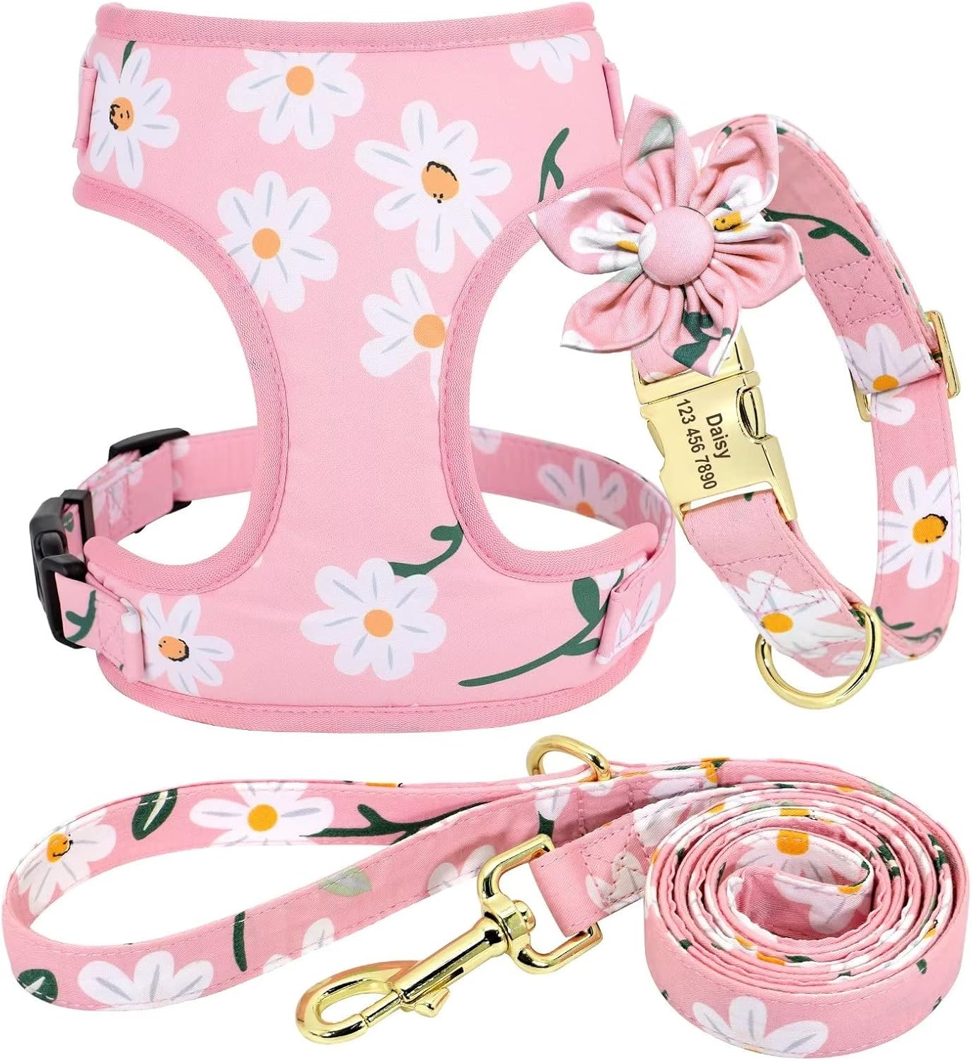 Beirui Cute Girl Dog Collars, Harnesses & Leashes Set – Personalised Dog Collar and Leash Set with Detachable Flower – Soft Mesh Dog Vest Harness Adjustable for Small Medium Large Dogs (Pink-1,M)