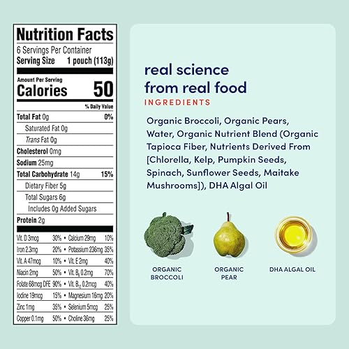 Miniatura 7 de Cerebelly Bolsa de comida para bebés: pera de brócoli, purés de frutas y verduras orgánicos, gran aperitivo para niños, 16 nutrientes que apoyan el