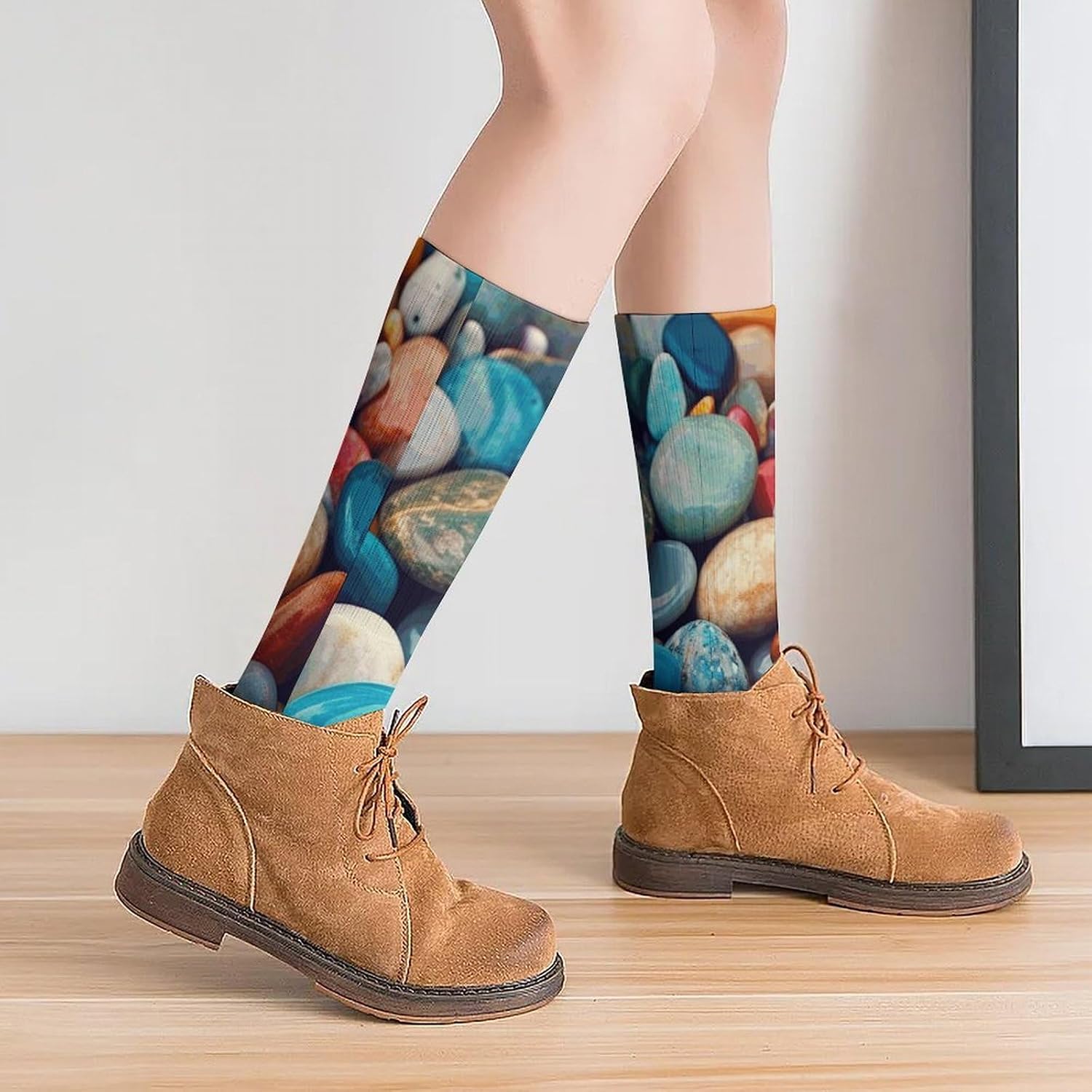 Breathable Crew Sock, Moisture Wicking, Athletic Calf Socks, Cozy | Colored Stones Compression Socks for Women Men, Lightweight High Work Socks for Business, Casual