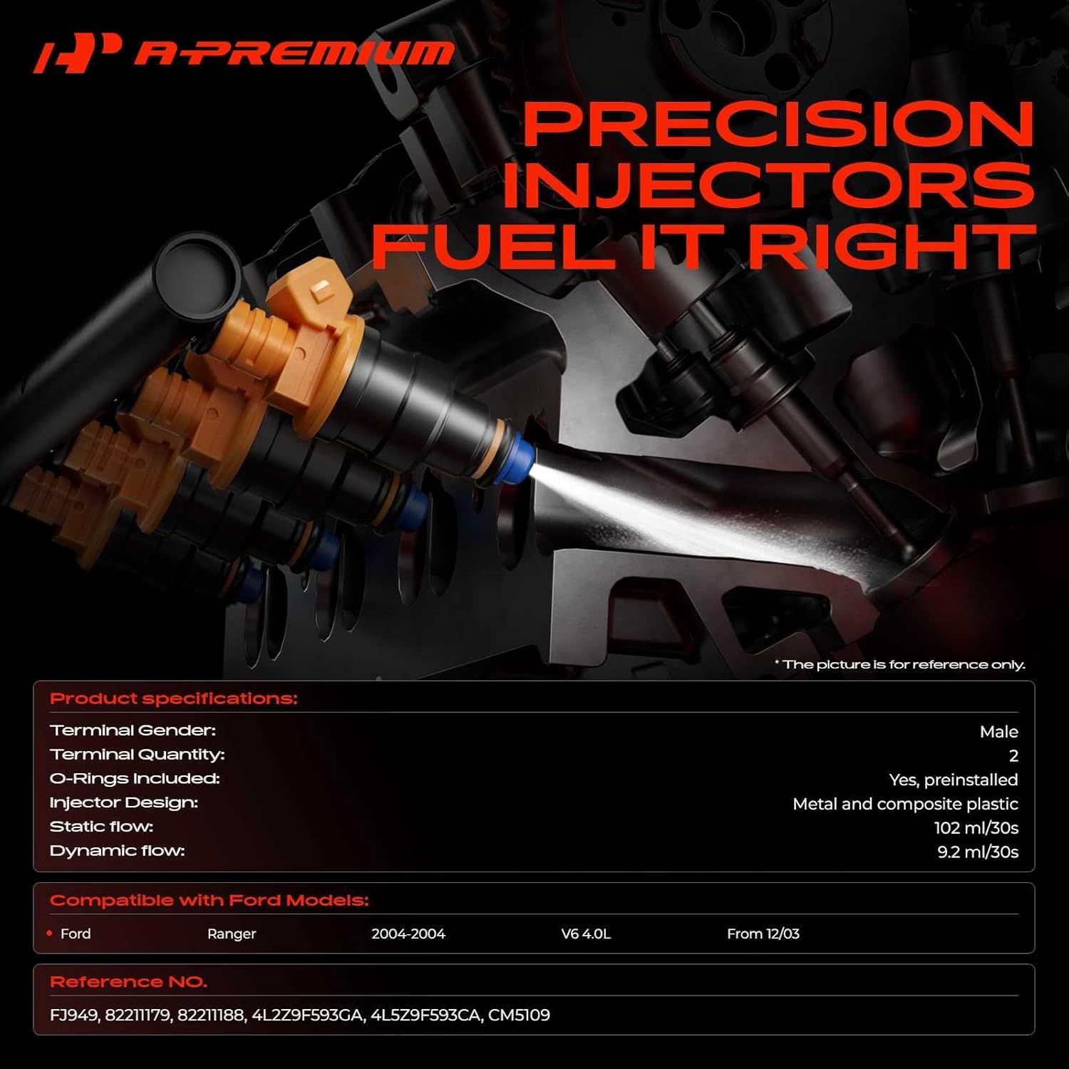 A-Premium 4 Holes Set of 6 Fuel Injectors Compatible with Ford Ranger 2004 4.0L, Replace# 4L5Z9F593CA