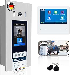 Mathfel 2 Draht BUS Türsprechanlage 1 bis 20 Familienhaus, RFID und Code Zutrittskontrolle, Frontplatte aus Edelstahl und 5 Zoll Touch Display, Monitor Touch Bedienung mit WLAN