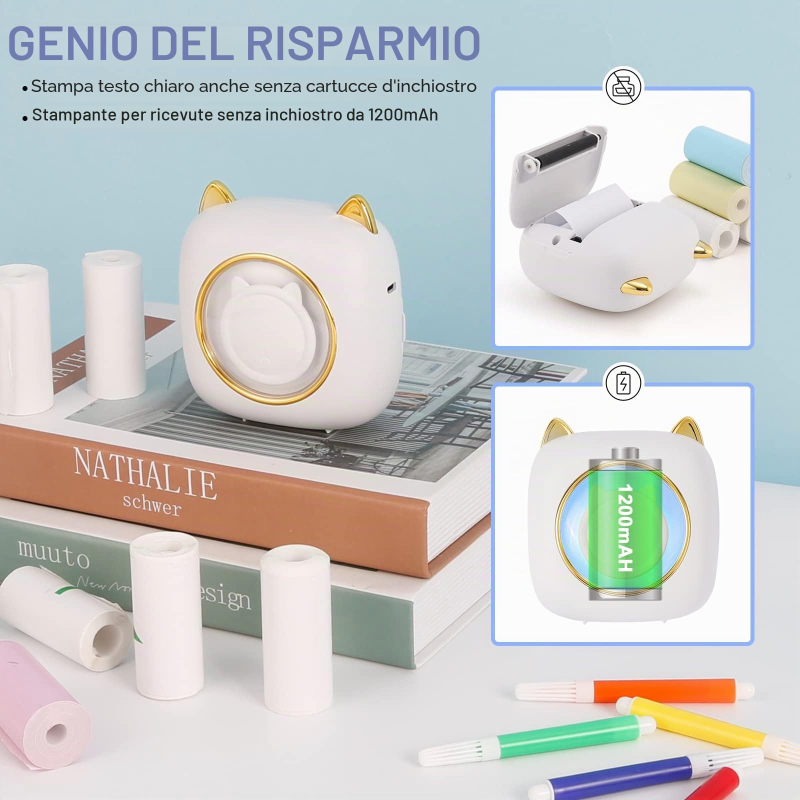 GuKKK Mini Stampante Fotografica, Mini Stampante Termica con LED colorati, Stampante Fotografica Istantanea Portatile, Mini Stampante Termica Bluetooth Ricarica USB, per Note, Diario, Elenco