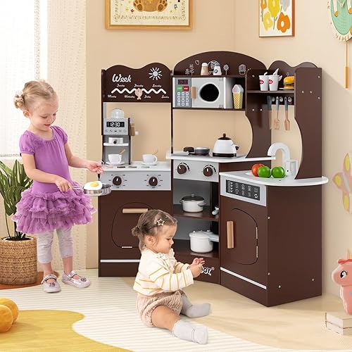 Miniatura 8 de HONEY JOY Juego de cocina esquinera, juego de cocina de madera para niños pequeños con luces, cafetera, microondas, fregadero, grifo, juego de