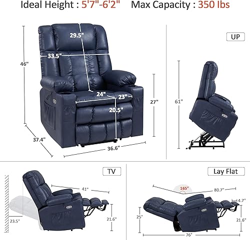 Miniatura 58 de MCombo Silla reclinable eléctrica de doble motor para personas mayores, silla elevadora plana con calor y masaje, portavasos, puertos USB, piel