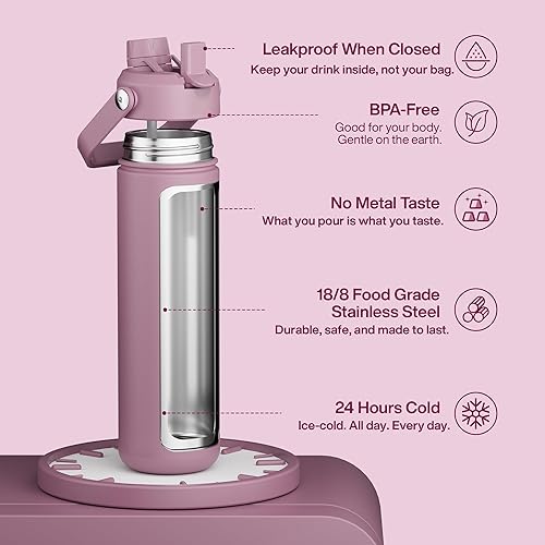 Miniatura 661 de ENCOOL Botella de agua aislada con popote, de acero inoxidable, a prueba de fugas, sin BPA, al vacío de doble pared que se mantiene fría durante 24