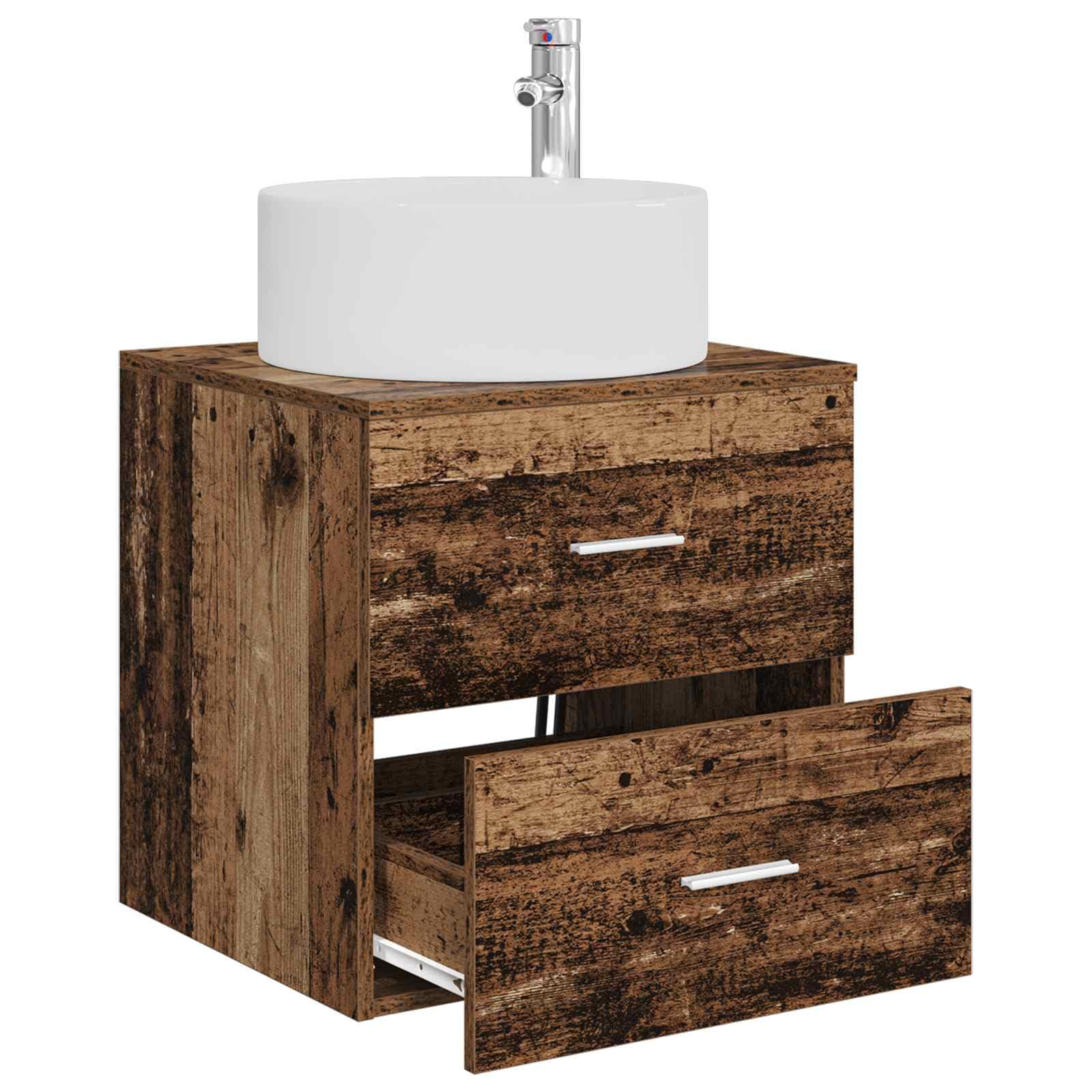 Lavabo montado en la pared con armario bajo madera envejecida, 49,5 x 44,5 x 65,5 cm, armario de baño colgante con 2 cajones para baño pequeño y aseo de invitados
