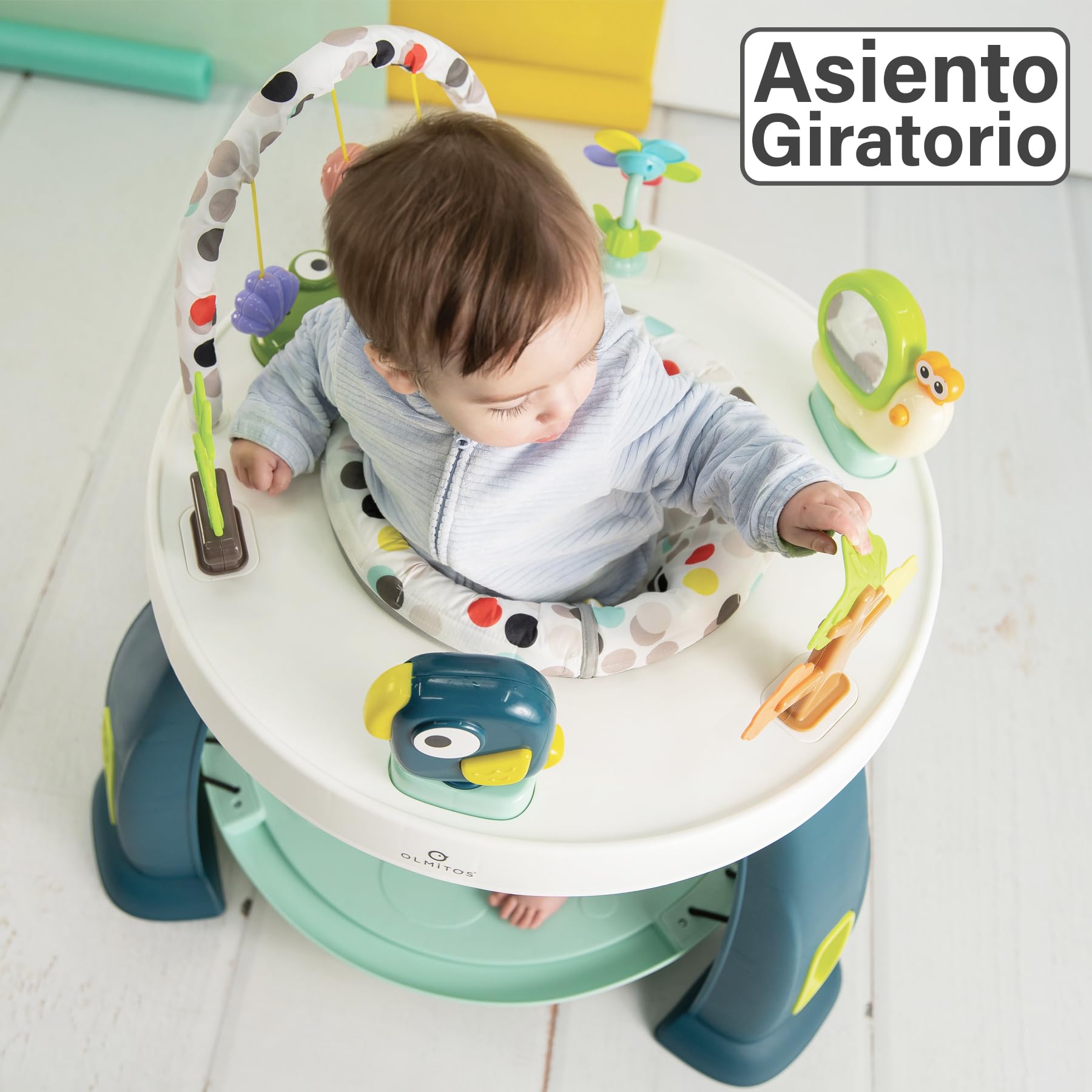 Olmitos - Centro de Actividades 2 en 1 para bebé con Saltador CROK - Mesa de Juegos y Juguetes Desmontables | Asiento Giratorio 360º y Plataforma Ajustable (Dots)