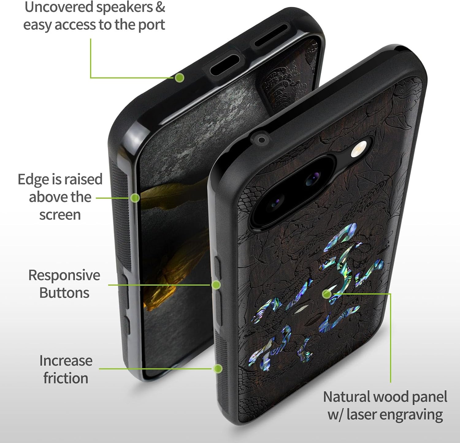 Carveit Magnetic Wooden Case for Google Pixel 9a Case, Wood Artisan Engraved & Handmade Shell Inlaid, Compatible with MagSafe Wireless Chargers (The Medusa Enigma) Blackwood