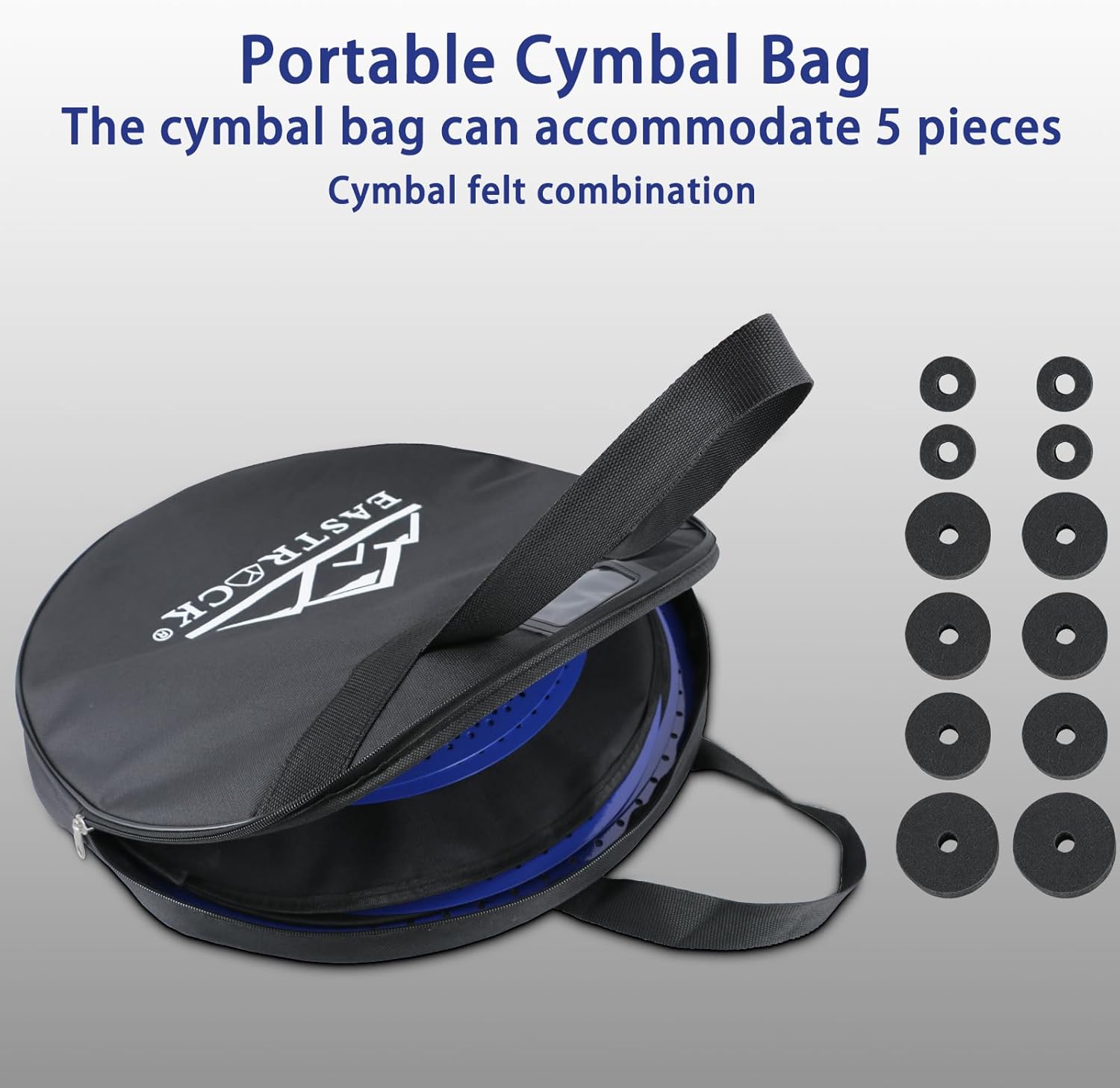 EASTROCK Low Volume Cymbal Pack - 5 Piece Set With Cymbal Bag & Felts - 14'' Hi-hat + 16'' Crash + 18'' Crash + 20'' Ride (Blue)