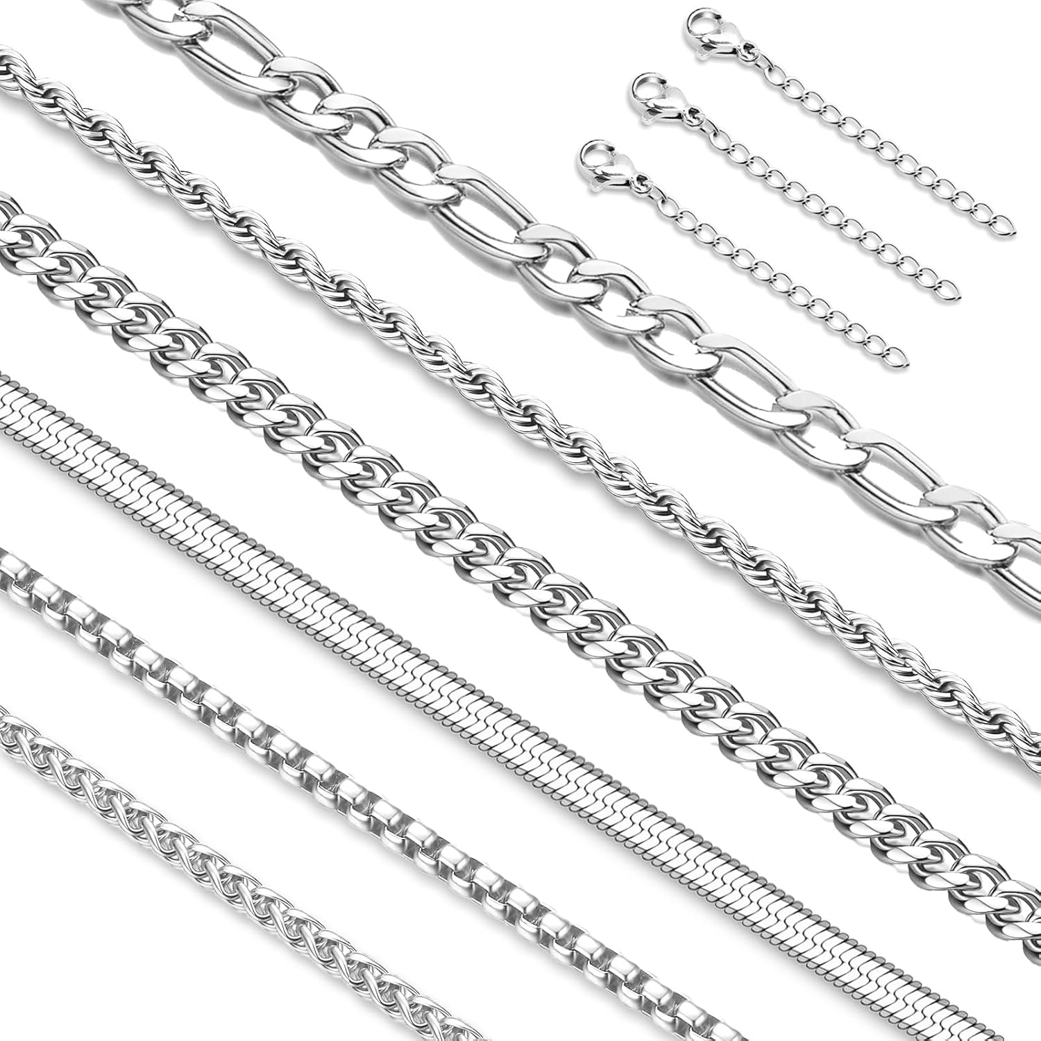 LOLIAS Silver Chain Necklace for Men Women - 6Pcs Stainless Steel Cuban Link/Rope/Box/Figaro/Herringbone/Wheat Chain Layered Stacked Necklace Set 16/18/20/22/24 Inches