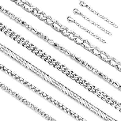 LOLIAS Silver Chain Necklace for Men Women - 6Pcs 316L Stainless Steel Cuban Link/Rope/Box/Figaro/Wheat/Herringbone Chain Waterproof Non-Fading Layered Stacked Necklace Set 16/18/20/22/24 Inches