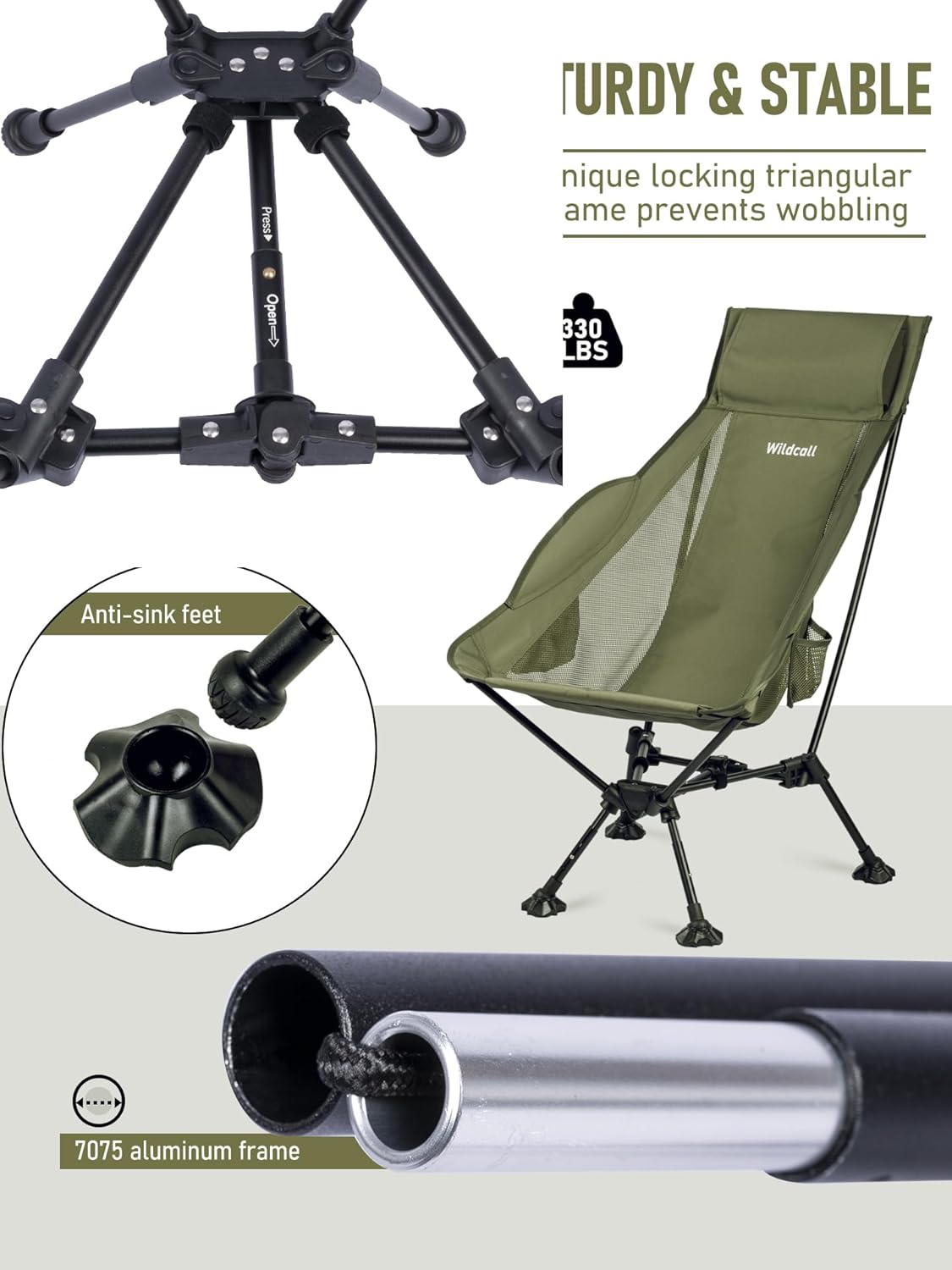 WildCall Lightweight Folding High Back Camping Chair with Head Support, Compact Beach Chair with Anti-Sinking Large Feet and Three Tilt Angles Adjustment