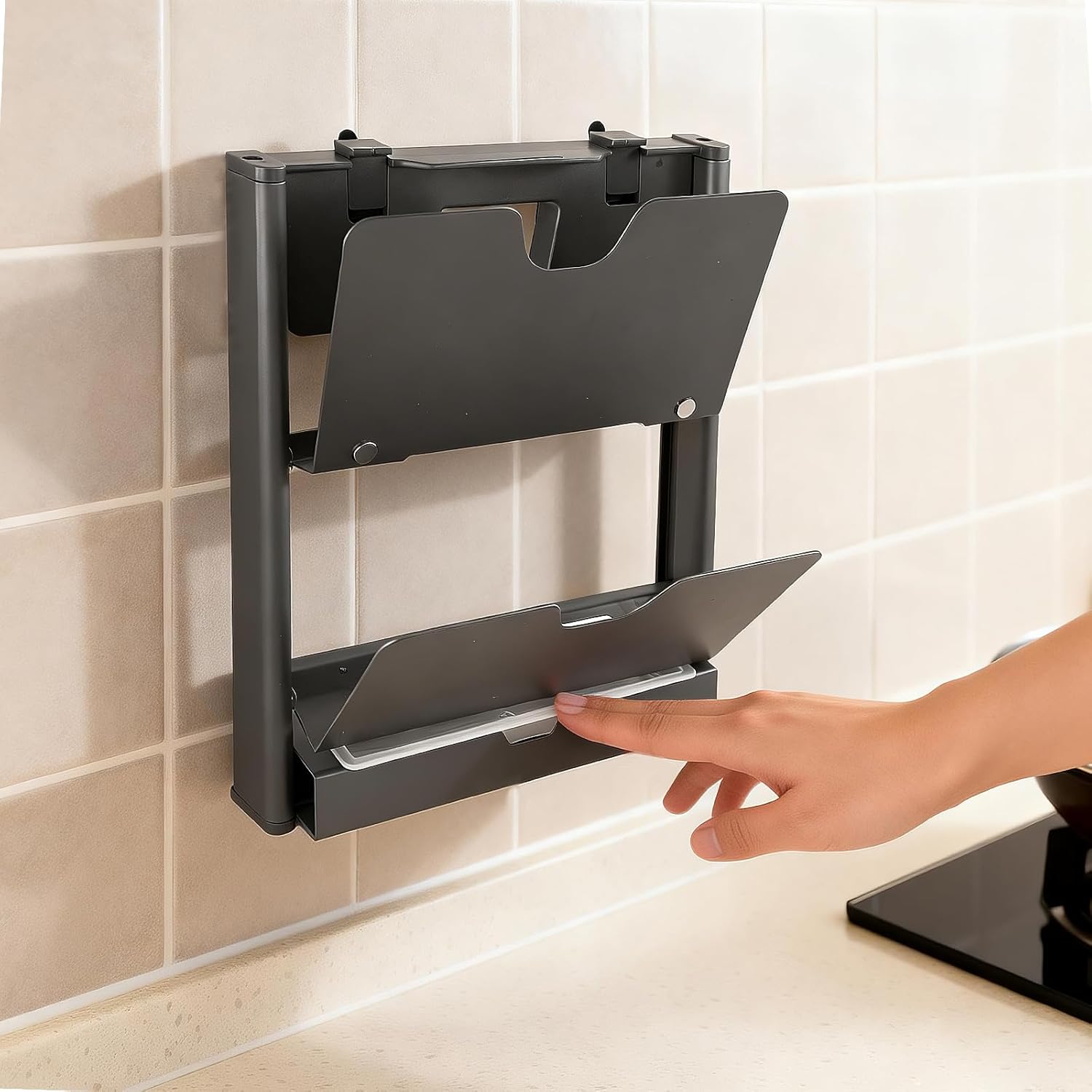 Wall Mounted Foldable Pot Lid Organizer, No-Drill Suction Cup Pot Lid Holder, Lid Organizer with Drainage Holes & Water Tray, Rust-Resistant Aluminum for Kitchen（Gray