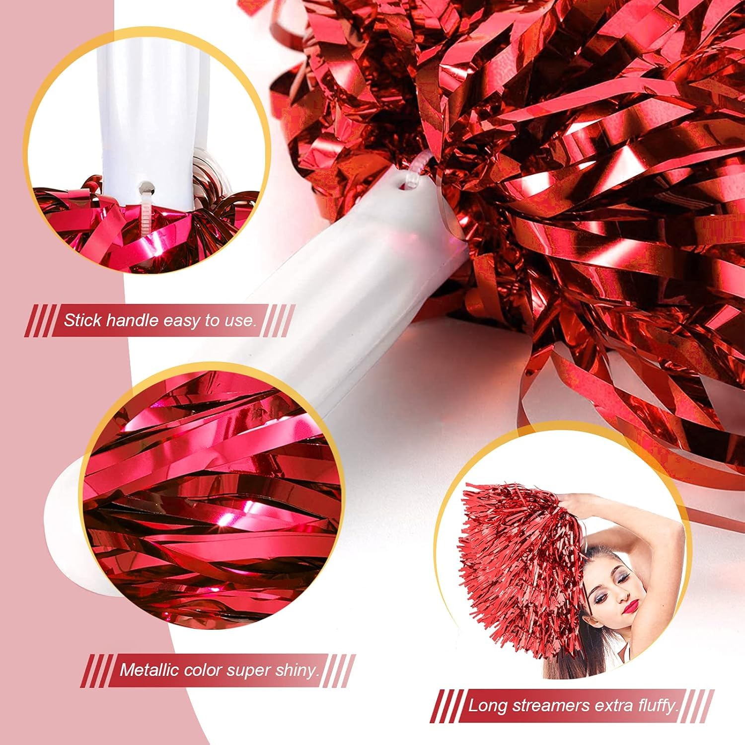 Amit Marketing Cheerleader Pom Poms | Soft Comfortable Handle Reusable | Waterproof | Rooter Shaker Toy | for Cheerleading, Celebrations, Sports Events, Party, Room décor etc I Pack of 2 Pair (Red) 2
