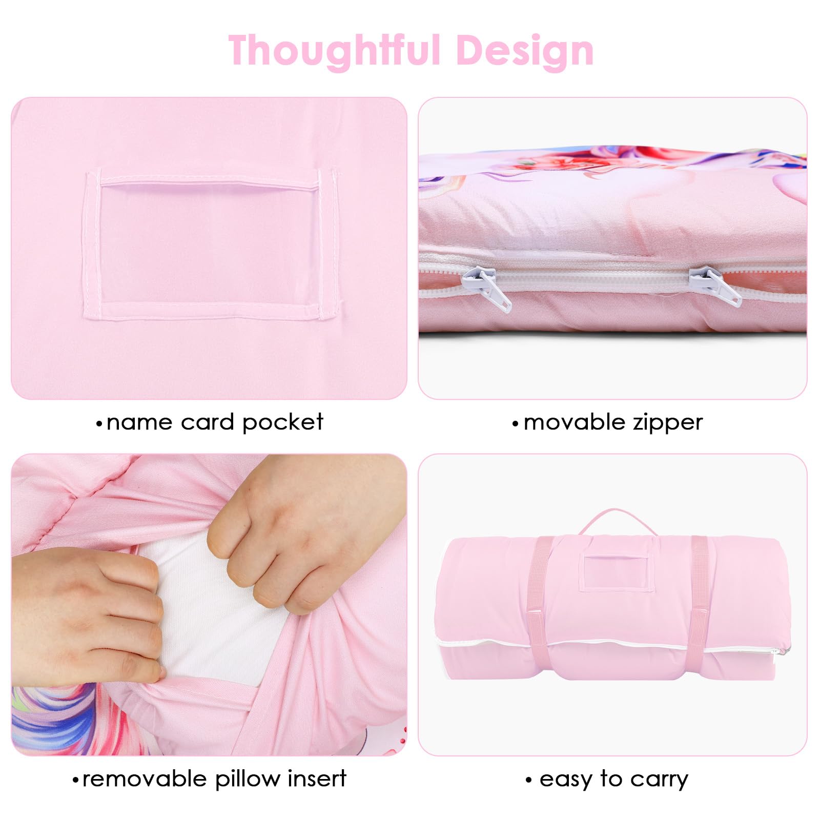 Tamaño Grande Saco de Dormir Infantil con Almohada Extraíble 170×75cm, Cálida Plegable Alfombrilla de Siesta para Niños y Niñas, Bolsa de Dormir con Cremallera para Camping Siesta