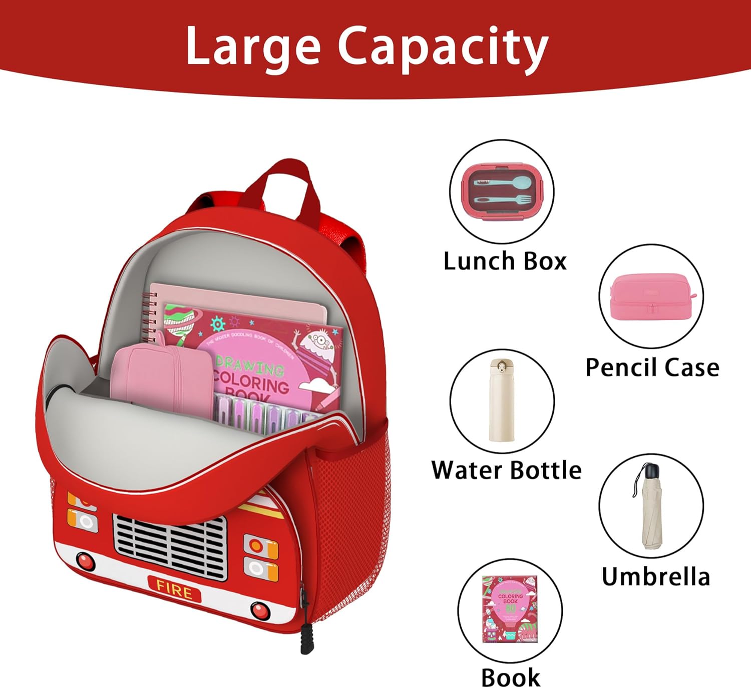Fire Engine Toddler Backpack for Little Kids Water Resistance Kindergarten Preschool Bags Children Schoolbag Cute 3D Animal Cartoon Backpacks Gifts for Baby Boys Girls - Image 4