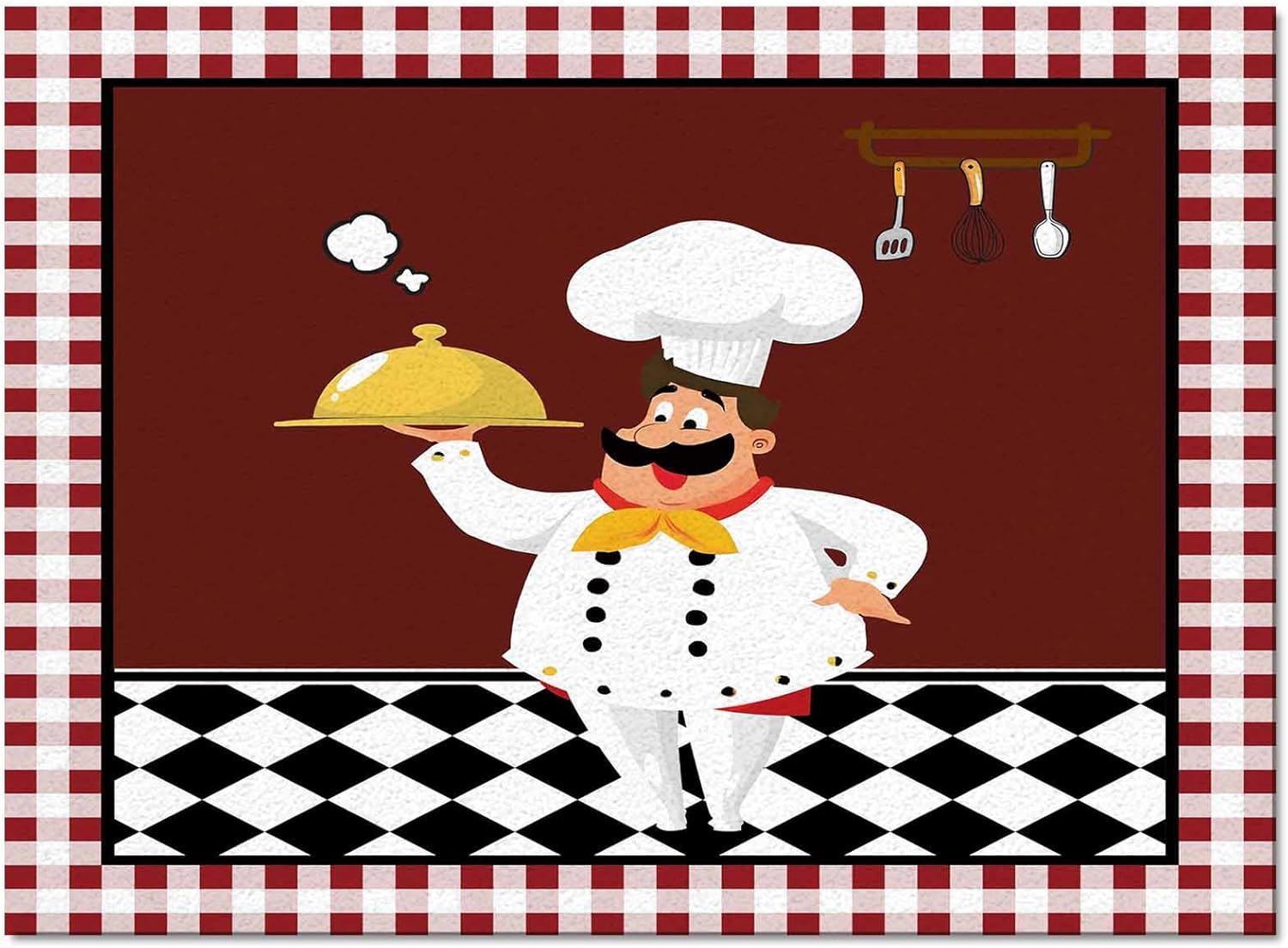 Non-Slip Rubber Backing Area Rug Soft Floor Carpet Chef Kitchen Food Utensils Cartoon Art Non-Shedding Bedroom Accent Rugs Burgundy Red Buffalo Check Absorbent Indoor Kitchen Runner Rugs 32x60in