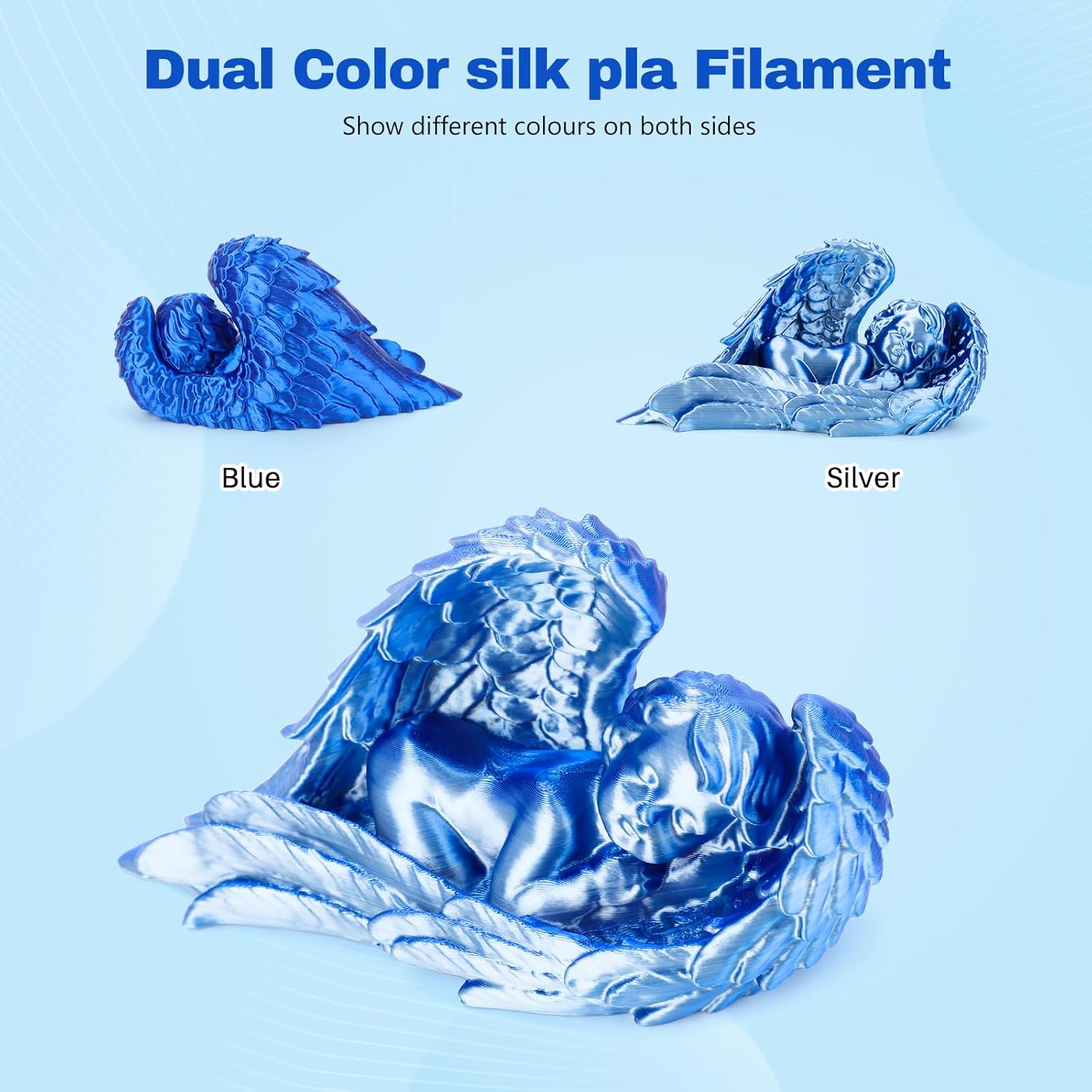 Silk PLA Filament 1.75mm Blue Silver Dual Color PLA 3D Printer Filament 2 in 1 Coextrusion 1KG Spool(2.2lbs) 3D Printing Filament Dimensional Accuracy +/- 0.03mm Fits for Most FDM 3D Printers - Image 2