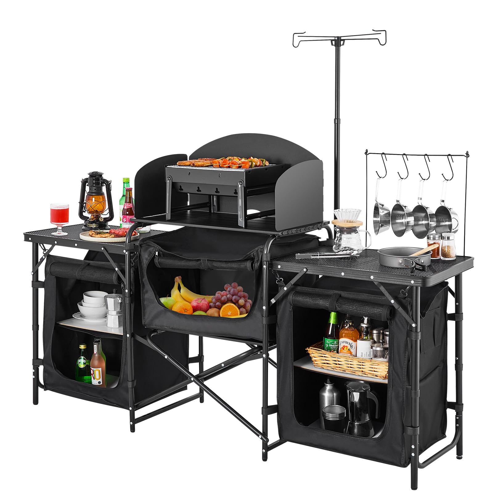 VEVOR Tavolo da Cucina da Campeggio all'Aperto, Stazione di Cottura Portatile in Alluminio con 3 Armadietti Portaoggetti, Borsa per Trasporto, Parabrezza Staccabile, per Barbecue, Festa, Picnic, Nero