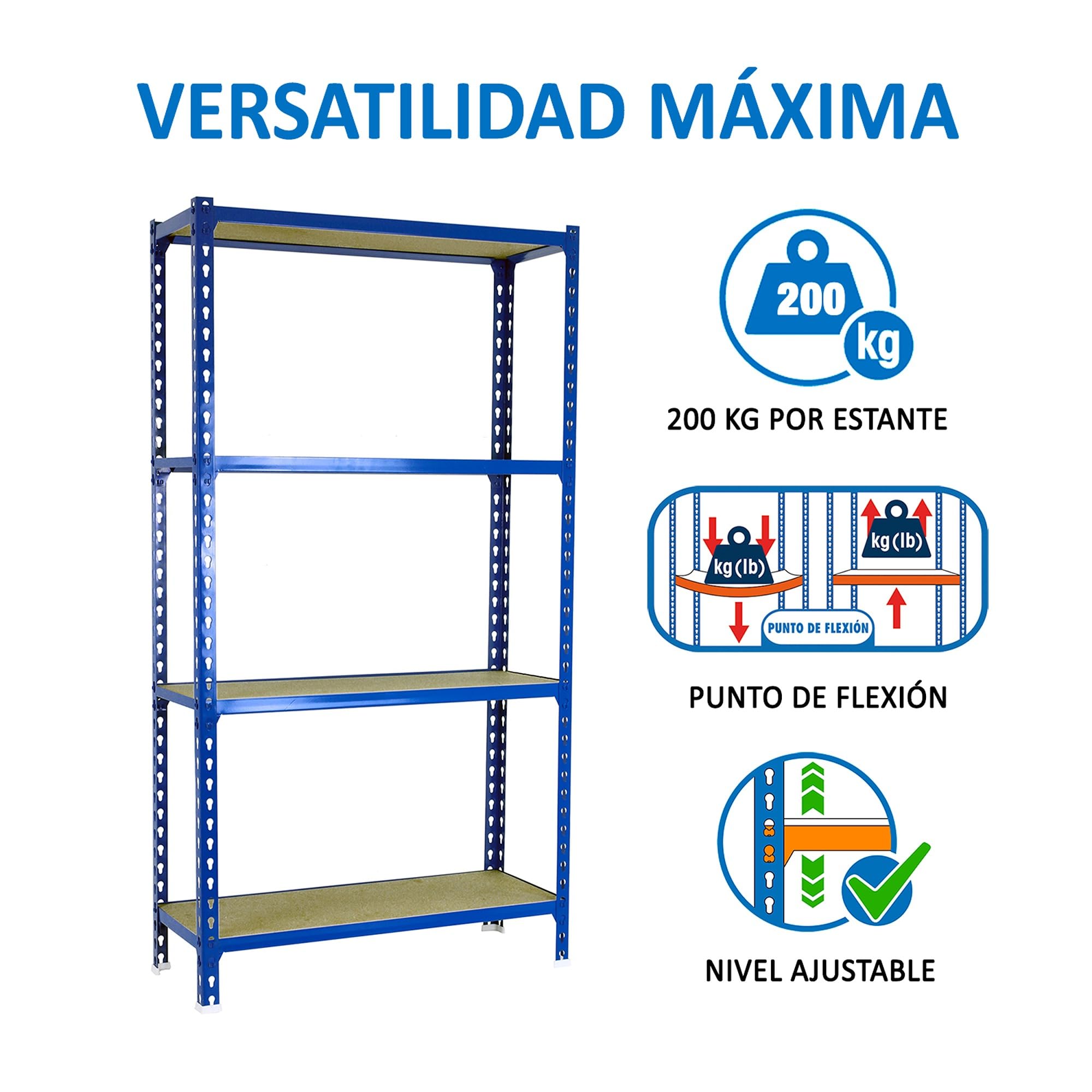 SimonRack Estanteria Metalica, 4 Baldas Madera Ajustables, 200 kg de Punto Flexión, 1500x1100x300 mm, Estantería Almacenaje, Sin tornillos, Azul/Madera - Maderclick | 4 Alturas, Bandeja Madera, 200 kg de Punto Flexión, Azul , Pintura anticorrosión, Montaj