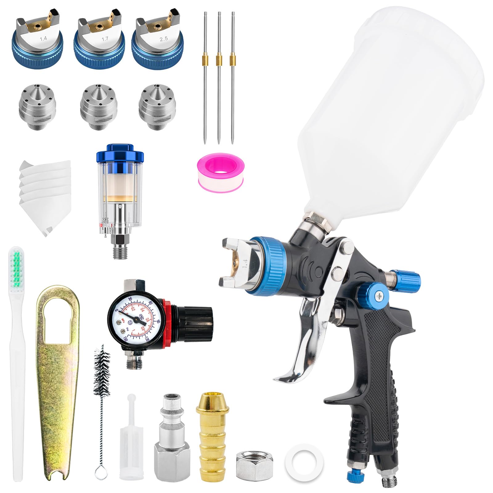 HVLP pistolet natryskowy z 3 dyszami – 1,4/1,7/2,5 mm, profesjonalny pistolet do lakierowania, sprężone powietrze grawitacyjne, z plastikowym kubkiem o pojemności 600 ml, z regulatorem ciśnienia