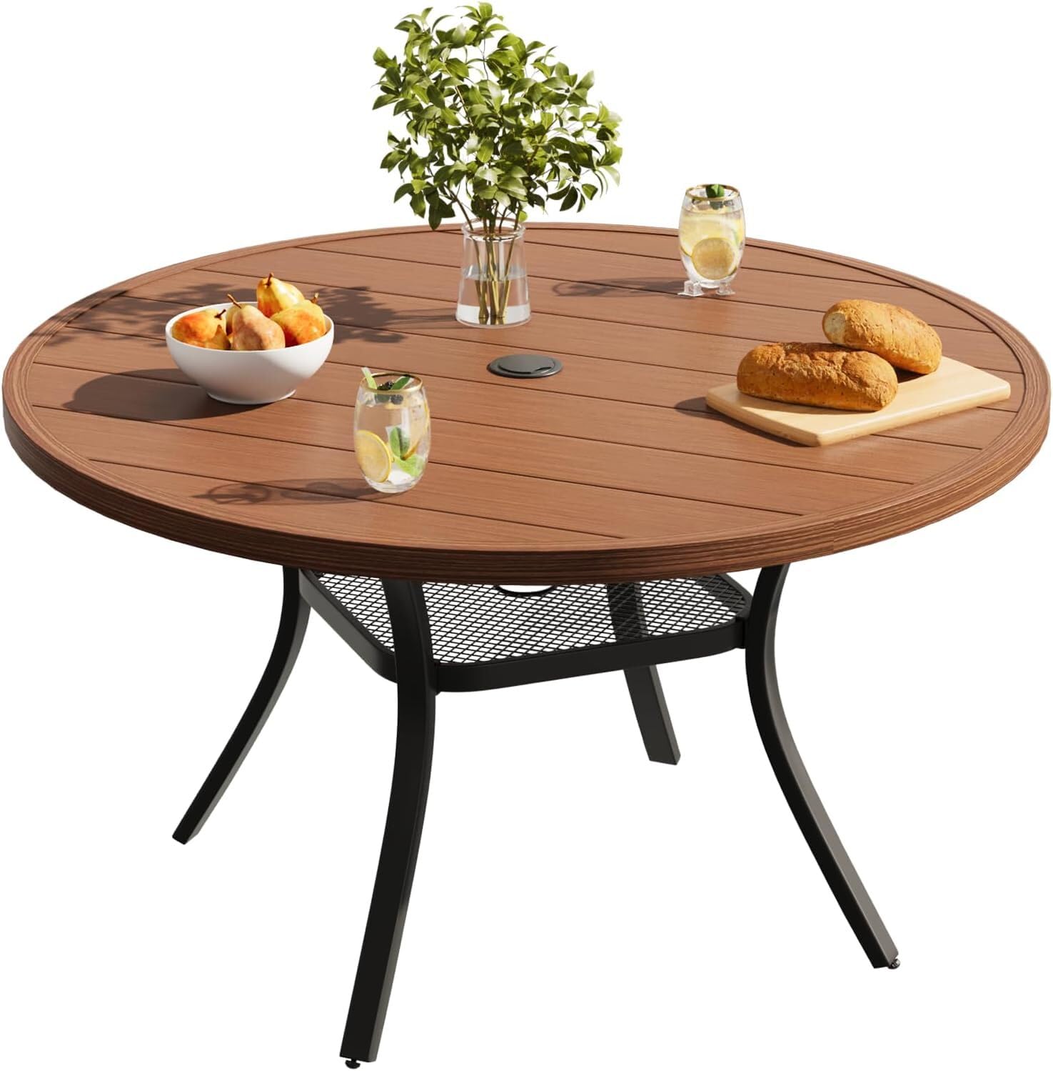 VICLLAX 40.6 Inch Round Metal Outdoor Dining Table with Storage Shelf Walnut