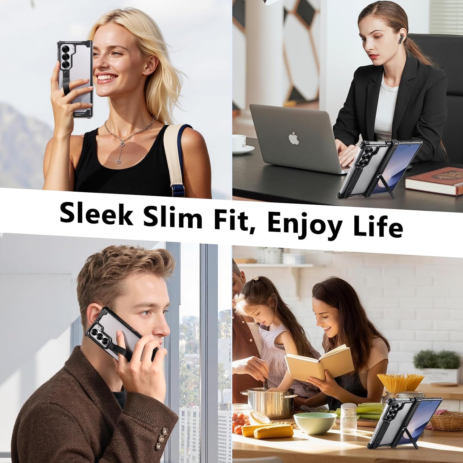 for Samsung Galaxy Z Fold 6 Case with Strap & Kickstand, No Back Z Fold 6 Metal Case with Wristband, Slim Bumper Phone Cover for Galaxy Z Fold6 with Screen Protector & Hinge Protector, Black