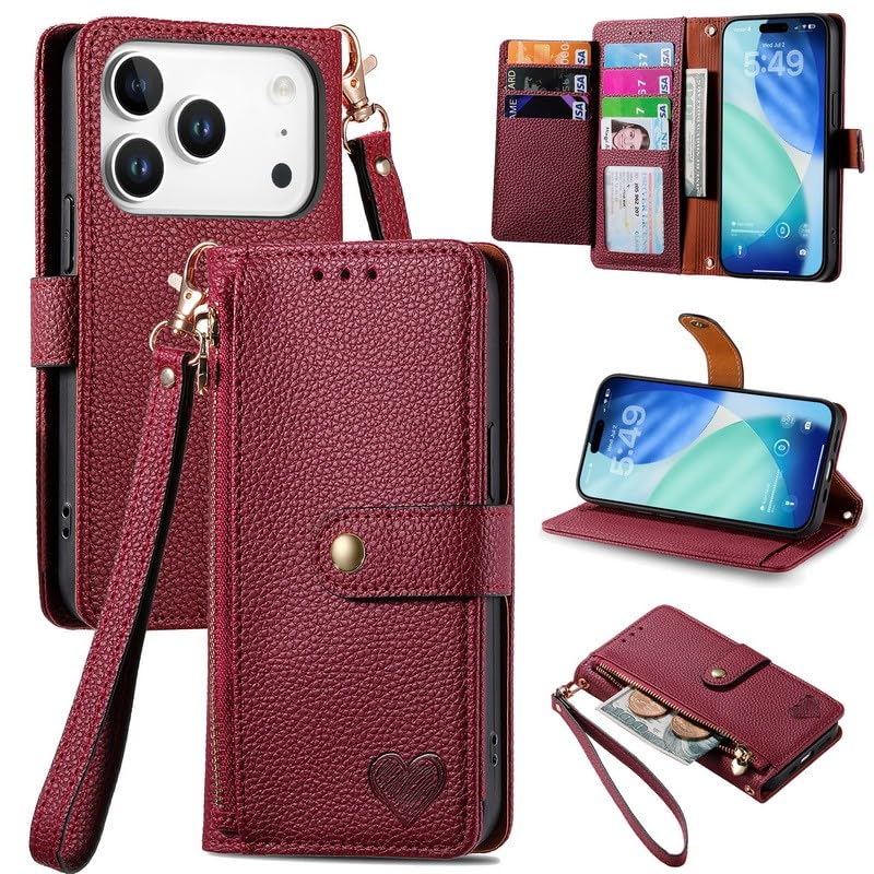 Étui iPhone 17 Air rouge : portefeuille en cuir véritable avec fermeture éclair intégrée