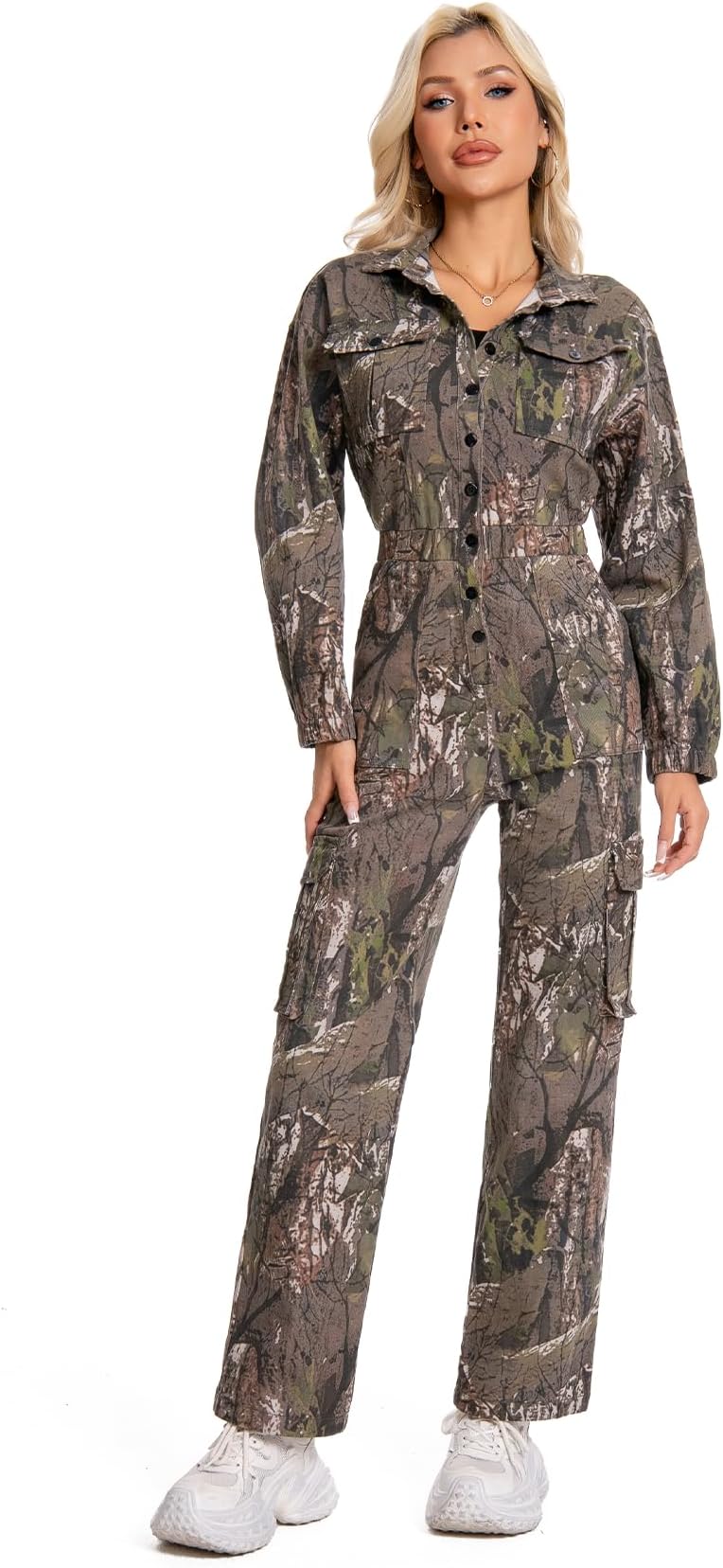 Women's Camo Jumpsuit Long Sleeve Coverall with Elastic Waist & Multi-Pockets for Outdoor Work, Hiking, Camping