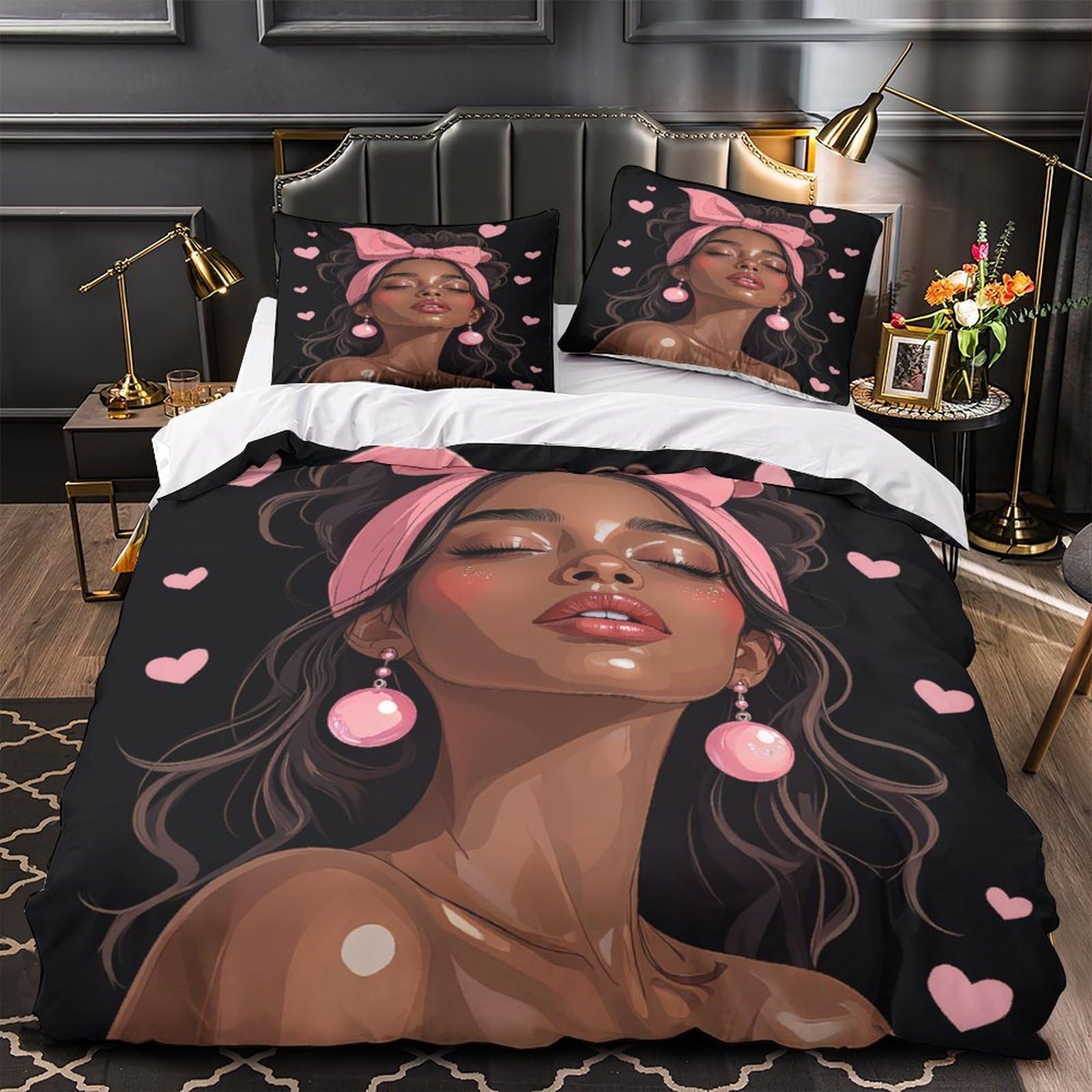 Housse de couette ultra douce fermeture éclair parure de lit rose nœud 3D