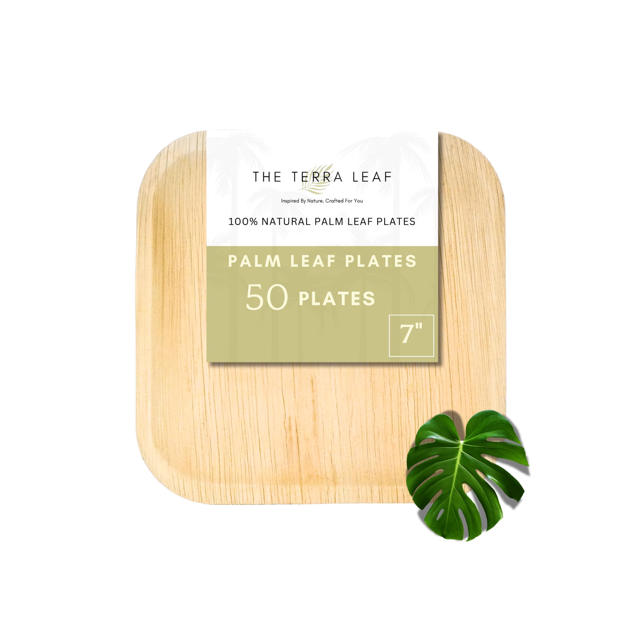 Palm Leaf Compostable Plates - 7" Square, Pack of 50 - Disposable Dinnerware - Rustic Bamboo Appetizer Plates - Charcuterie Boards & Biodegradable Serviceware