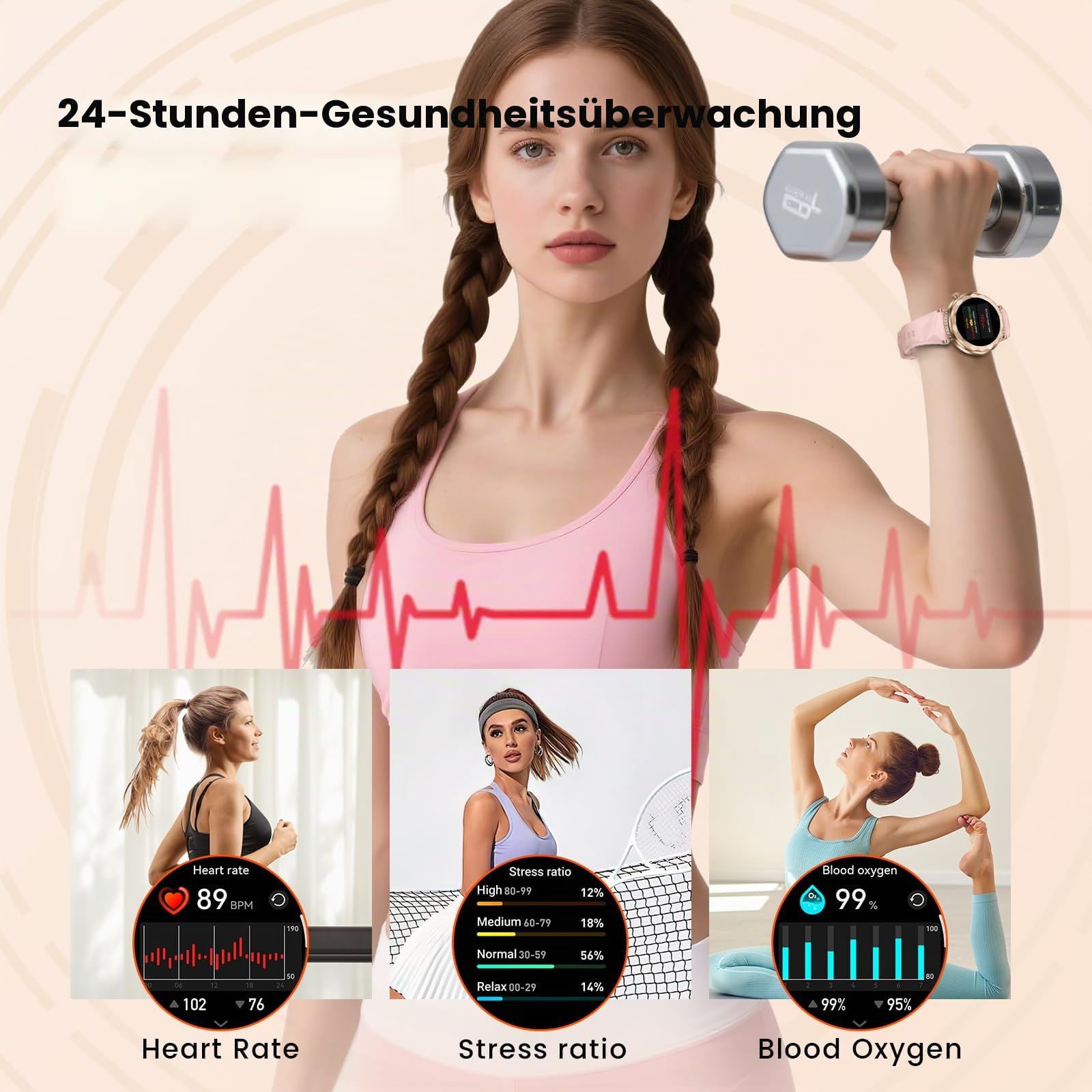 Smartwatch Damen, AURORA Ultradünn 1.19" Touchscreen - Bluetooth Anrufe, 200mAh 100+ Sportmodi, SpO2, Pulsuhr, Schlafmonitor, Schrittzähler, IP68, Kompatibel Sportuhr Damenuhr mit Android/iOS
