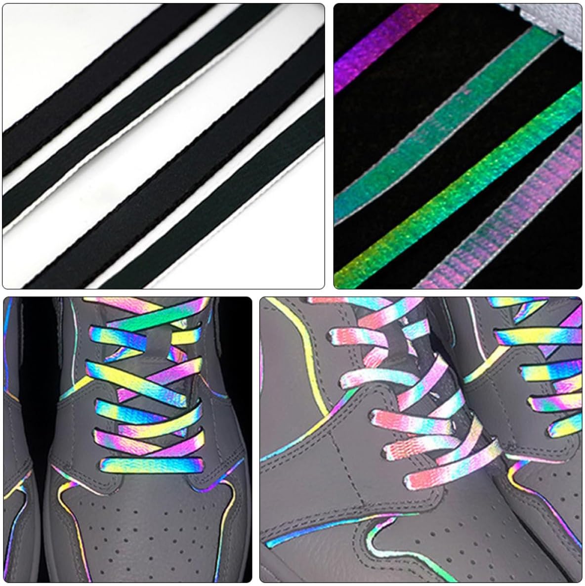 2 Pairs 140Cm Flat Reflective Shoelaces Sports Shoe Strings for Sneakers, Colorful Holographic Luminous Shoe Ties with White and Black Edges, Night Running Accessories