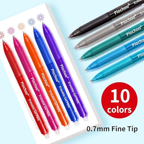 Miniatura 4 de Piochoo Bolígrafos borrables, 10 bolígrafos retráctiles de tinta de gel de colores surtidos, bolígrafos de punta fina de 0.028 in, bolígrafos