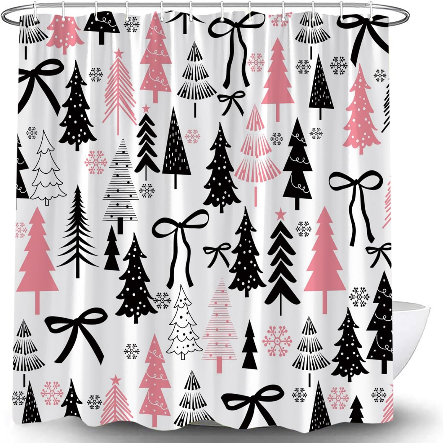 Merry Christmas Shower Curtain Pink Xmas Trees Bownot Farmhouse Cartoon Stars Snowflake Winter Holiday New Year Bathroom Curtains Decor with Hooks