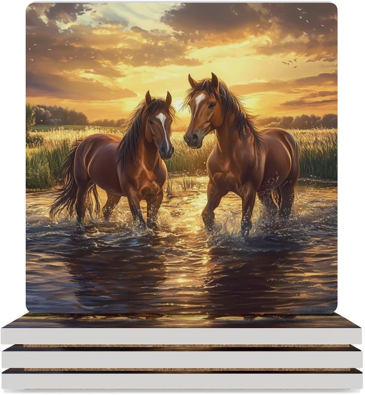 Horse Lake Sunset Ceramic Coasters Set Square Drink Coasters Table Coaster for Kitchen Desktop Decor