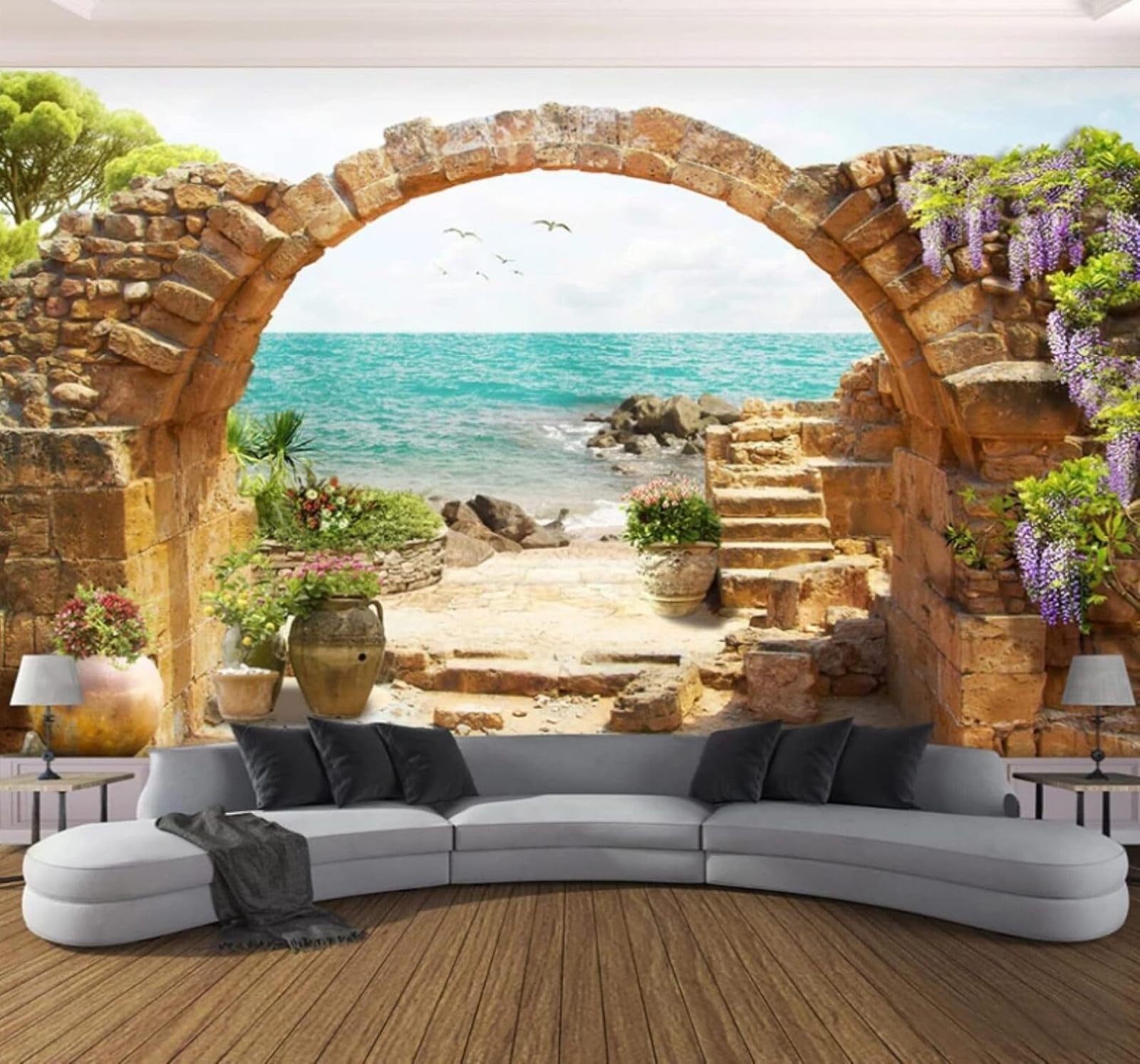 XLMING Beautiful Sea Garden Stone Archway Seascape 3D Wallpaper Luxury Silk Study Dining Feature Sofa Grey Bedroom Living Room Tv Decorative Wall-350cm×256cm