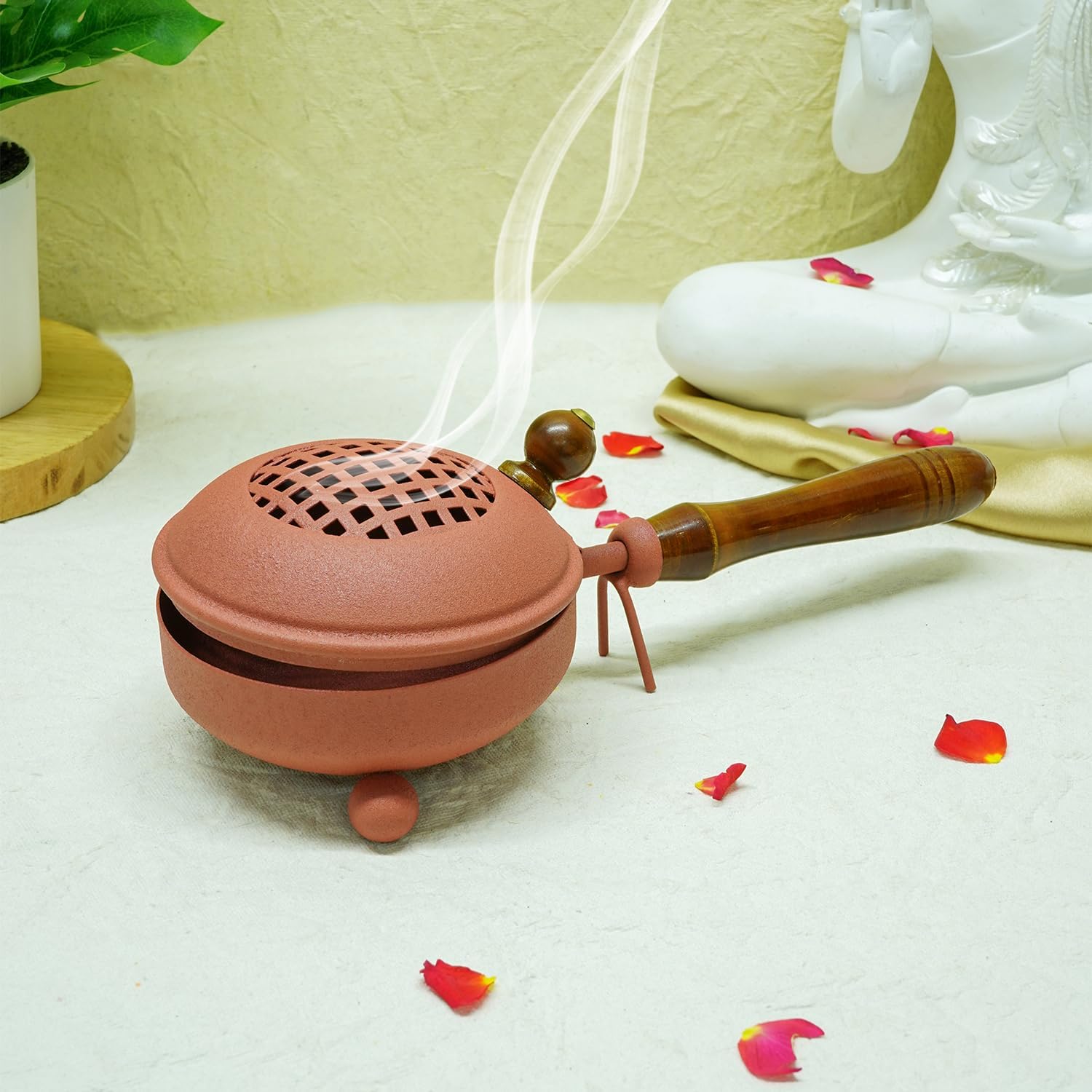 Ekhasa Metal Dhoop Dani Loban Burner Holder Stand for Home | Dhup Kapoor Dani for Puja with Wooden Holder | Sambrani Holder | Dhuni Burner Samrani Batti Stand for Pooja | Dhup Stand Incense Oud Burner