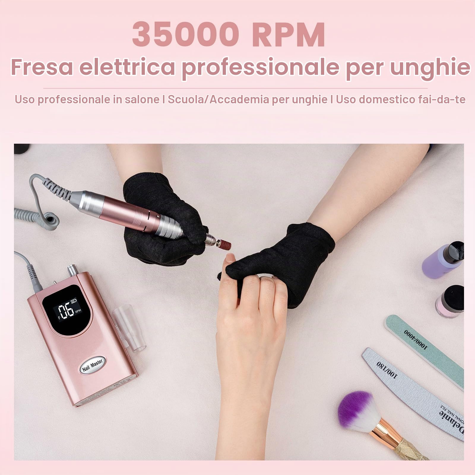 Delanie Fresa per Unghie Professionale, Portatile e Ricaricabile 35000 Giri a Display LCD per Manicure e Pedicure, Trapano Elettrico per Unghie Gel/Smalto Velocità Regolabile Rosa